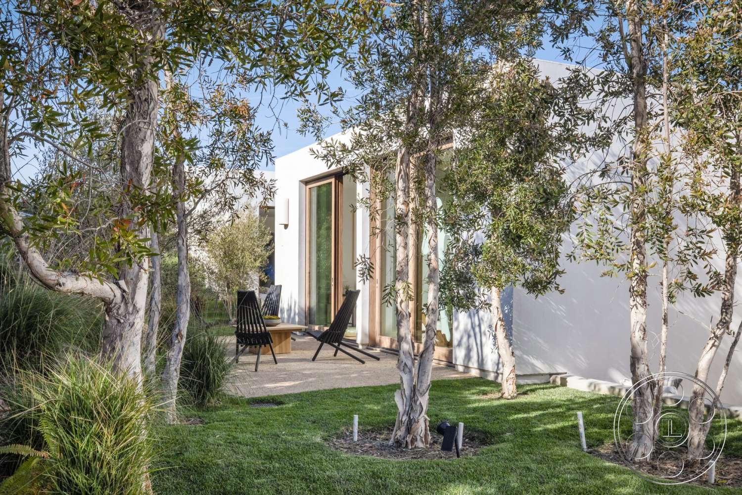 Modern 529 - exterior, white stucco walls, minimalist design, sliding glass doors, modern landscaping, contemporary architecture, native trees, black outdoor chairs, natural grass lawn, concrete patio floor, wood framed windows