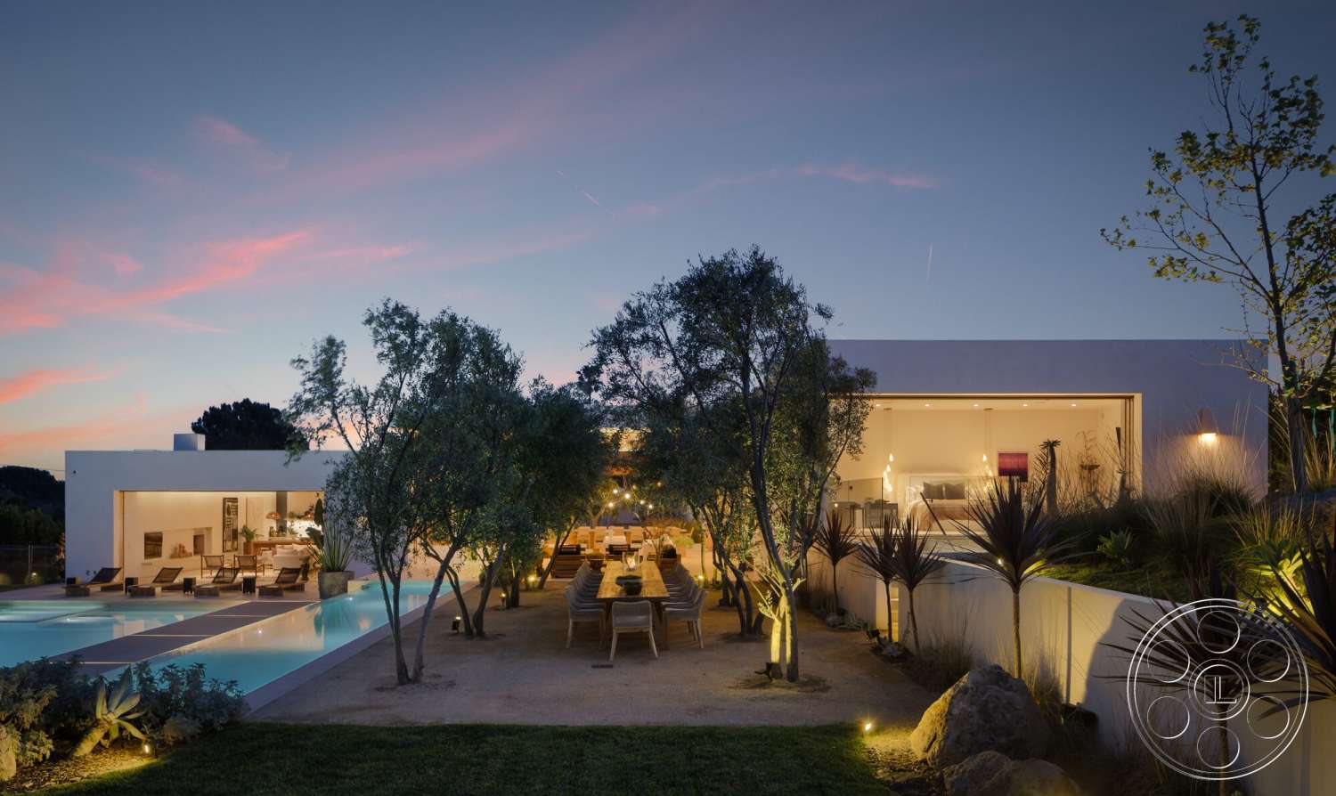Modern 529 - exterior, white stucco walls, open floor plan, wood dining table, glass sliding doors, wooden deck, floor-to-ceiling windows, rectangular pool, modern outdoor seating, landscaped garden area, concrete patio flooring, concrete pool border, minimalist architectural style, stone garden path, sunset sky backdrop