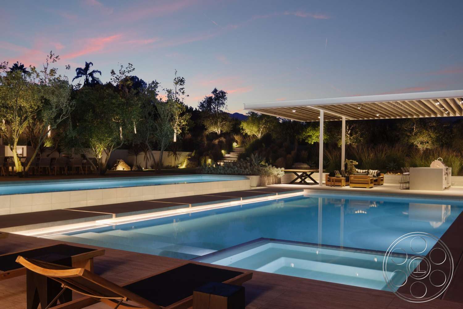 Modern 529 - outdoor seating area, rectangular swimming pool, concrete pool deck, infinity edge pool, landscaped garden area, stone patio flooring, hardwood outdoor furniture, modern outdoor kitchen, pergola with wooden slats, illuminated pool water, sparse vegetation landscaping, evening ambiance lighting