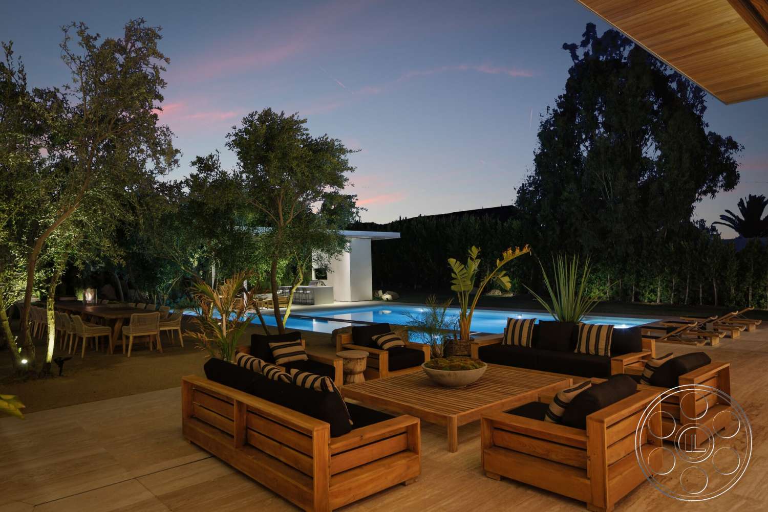 Modern 529 - exterior, potted plants, surrounding greenery, tropical plants, rectangular swimming pool, wooden lounge chairs, concrete pool, outdoor dining table, striped outdoor cushions, landscaped garden area, natural stone patio flooring, teak outdoor furniture, modern garden lighting