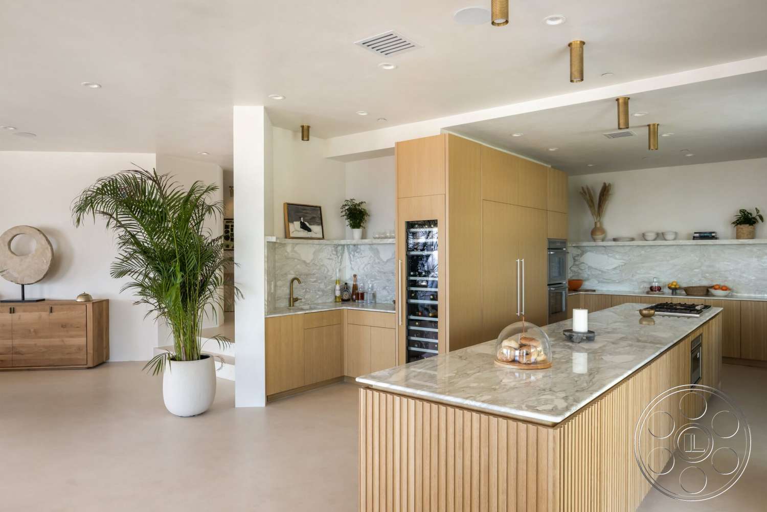Modern 528 - minimalist decor, open floor plan, stainless steel appliances, wood cabinetry, tall windows, glass backsplash, pendant lighting fixtures, modern kitchen design, marble kitchen countertops, tropical indoor plants, light-colored concrete flooring, deconstructed wood sideboard