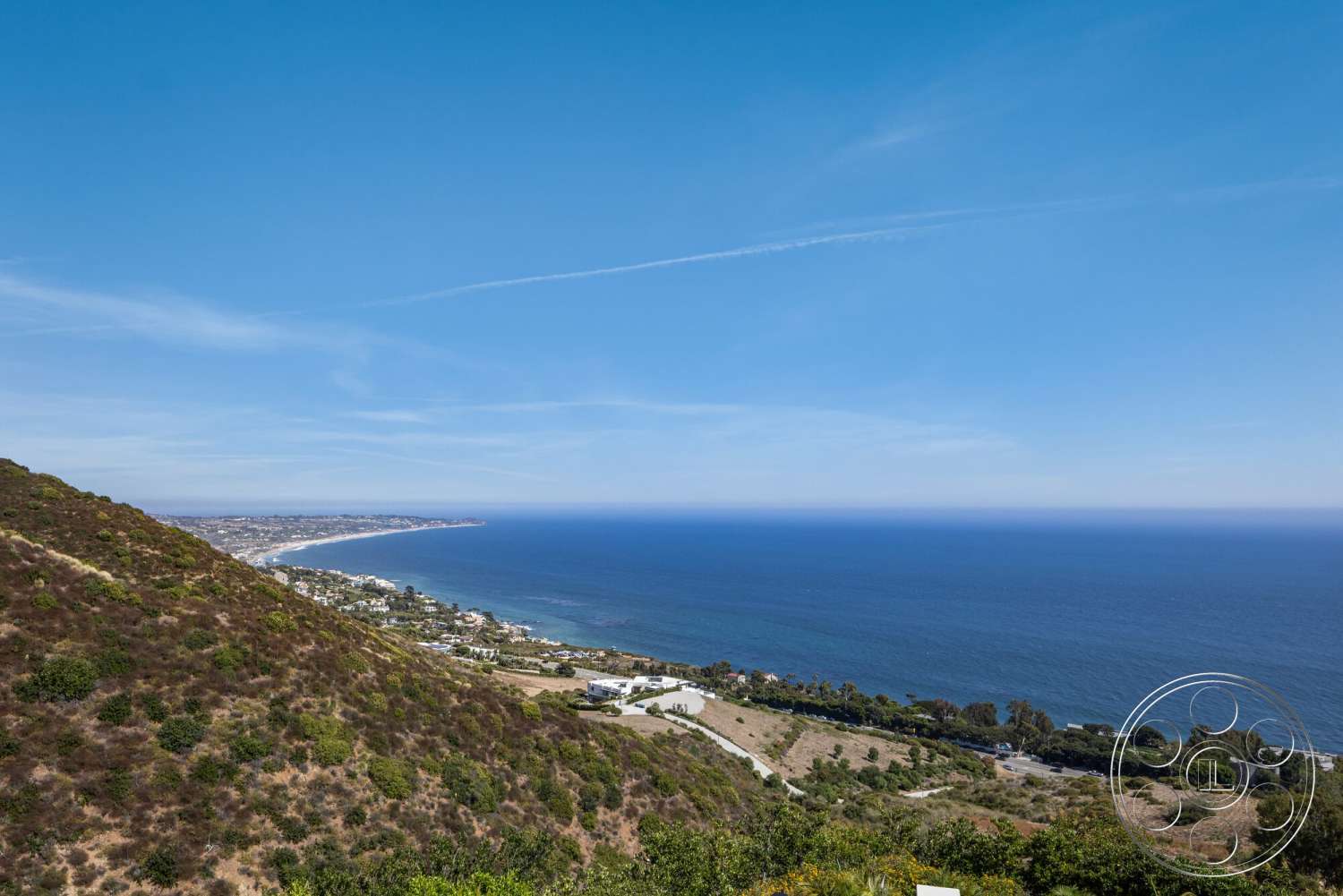 Modern 528 - exterior, suburban neighborhood, landscaped gardens, natural vegetation, clear blue sky, coastal landscape, ocean waves, hillside location, distant city skyline, agricultural land, oceanfront view, pebble beach, curved coastline