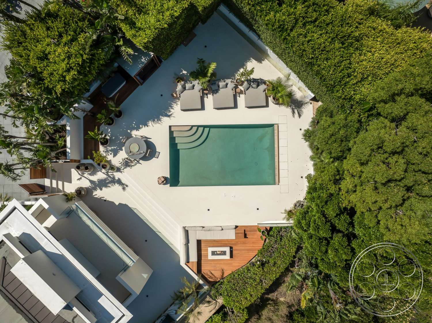 Modern 528 - exterior, minimalist design, outdoor seating area, sun loungers, concrete pool deck, rectangular pool, concrete steps leading to pool, concrete patio floor, floor-to-ceiling glass panels, landscaped garden with tropical plants, sunny backyard setting, wood deck area, circular outdoor table, green hedge privacy wall