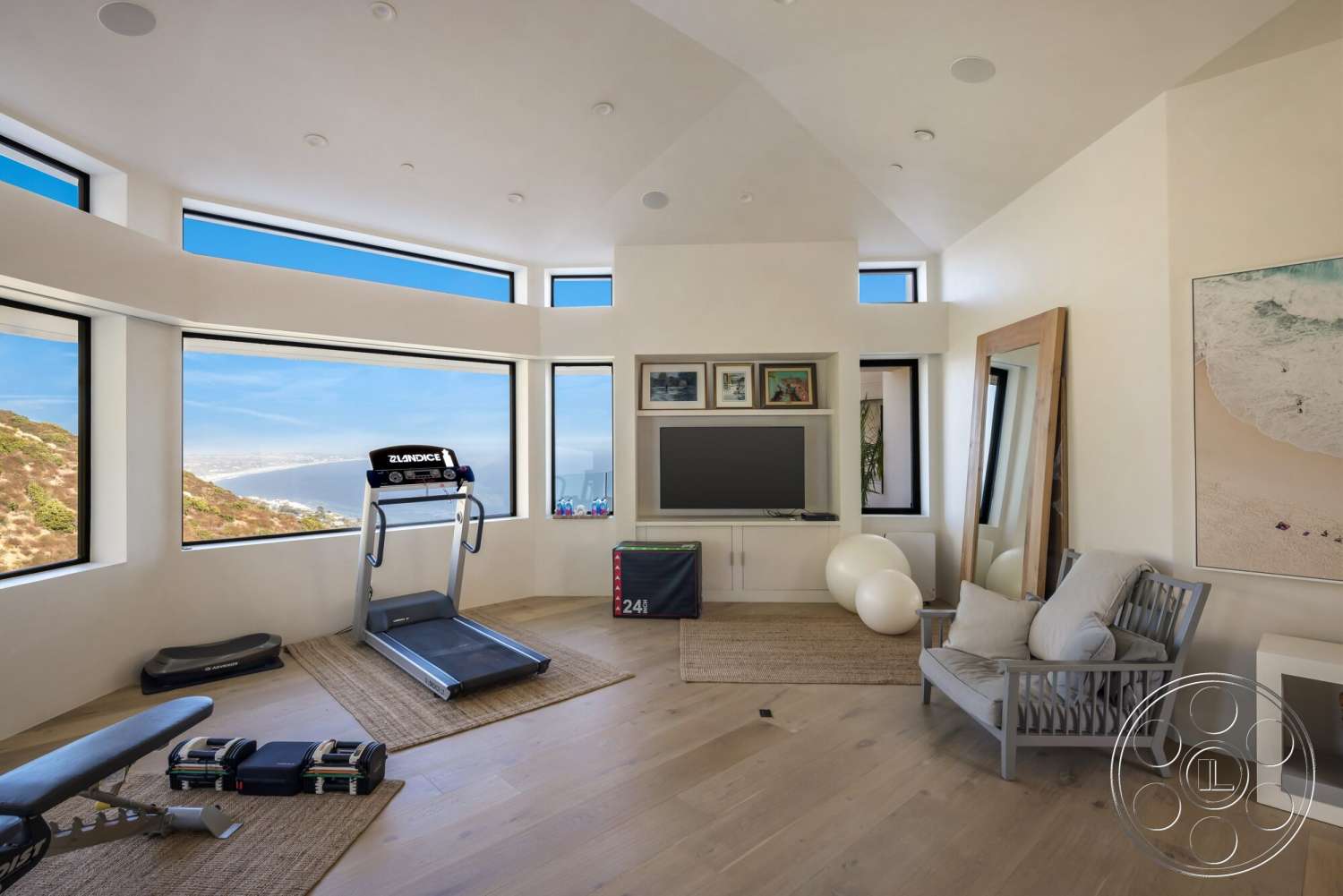 Modern 528 - hardwood flooring, textured area rug, open layout, large mirror, minimalist furniture, floor-to-ceiling windows, vaulted ceiling, white painted walls, rectangular room, modern home gym, athletic equipment