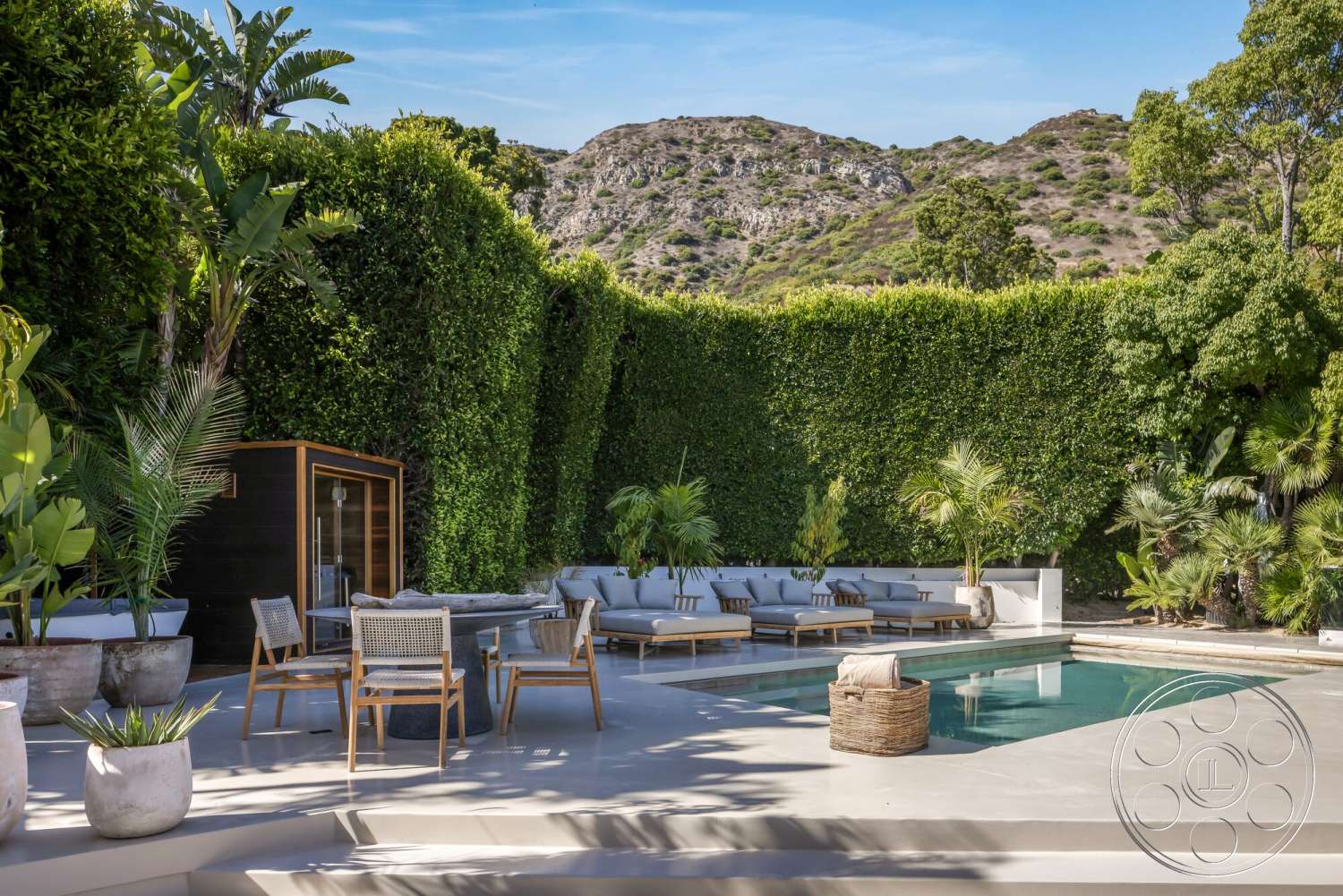 Modern 528 - exterior, rectangular swimming pool, sunny outdoor space, modern lounge chairs, mountain view setting, wooden outdoor seating, potted palm plants, stone planter pots, concrete pool patio floor, heated outdoor sauna, lush green hedge wall