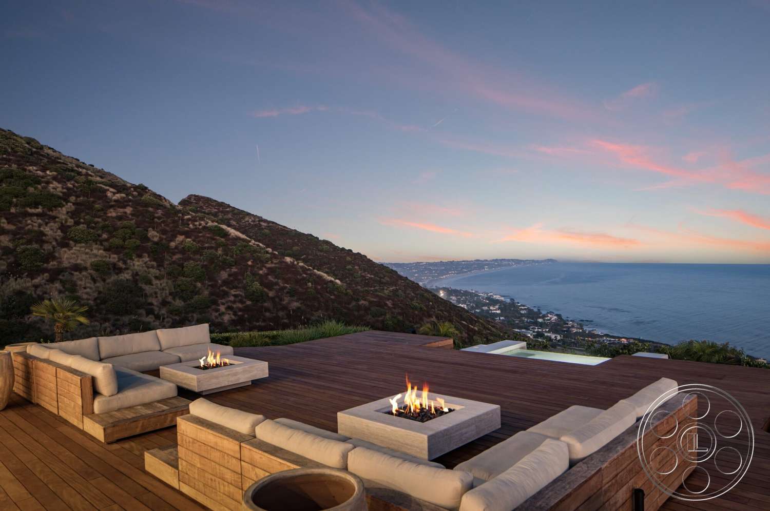 Modern 528 - exterior, modern outdoor furniture, wood deck, landscaped vegetation, rectangular pool, panoramic ocean view, concrete fire pit, open hillside location, dual-level outdoor space