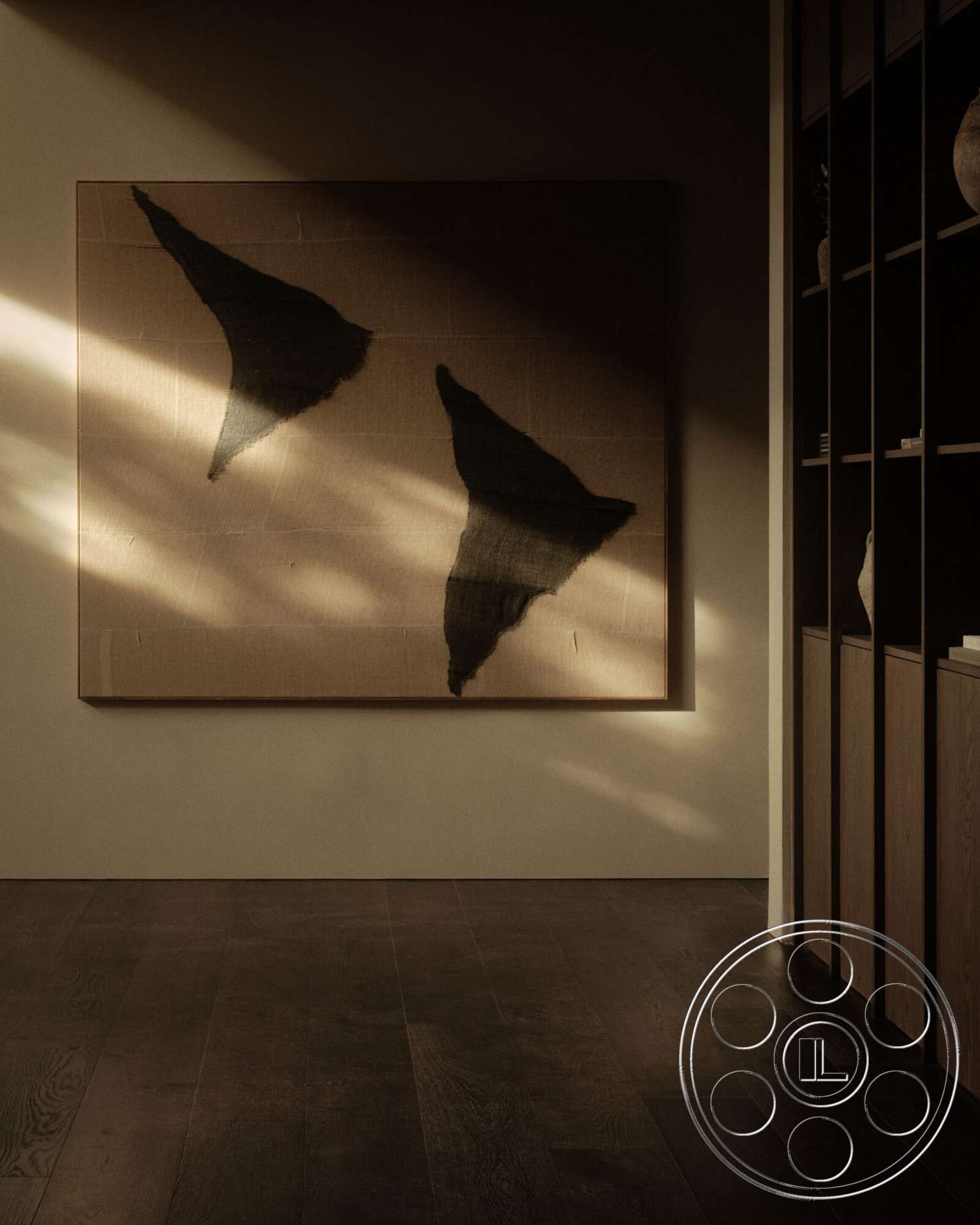 Modern 530 - dark hardwood flooring, soft ambient lighting, textured plaster walls, natural wood finish, contemporary minimalist design, open shelving units, framed canvas wall art