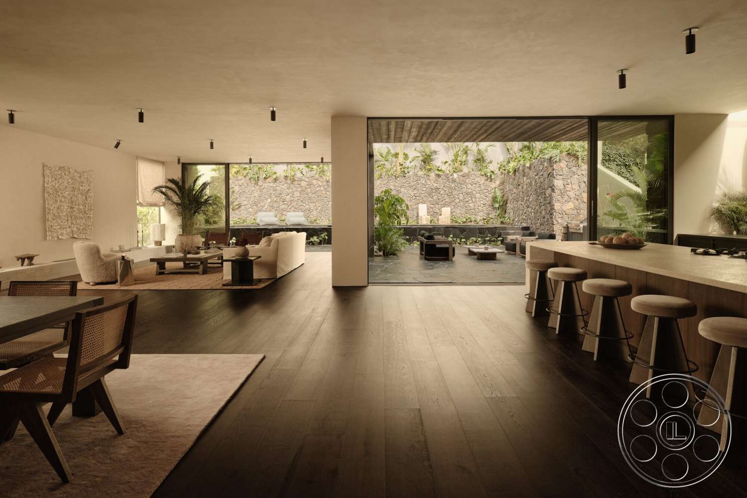 Modern 530 - minimalist decor, neutral color palette, wooden bar stools, contemporary furniture, open concept layout, modern coffee table, textured plaster walls, natural stone wall, large sliding glass doors, lush indoor plants, elegant area rug, exposed wood ceiling beams, dining area with wooden table, dark hardwood living room floors, bar height kitchen island