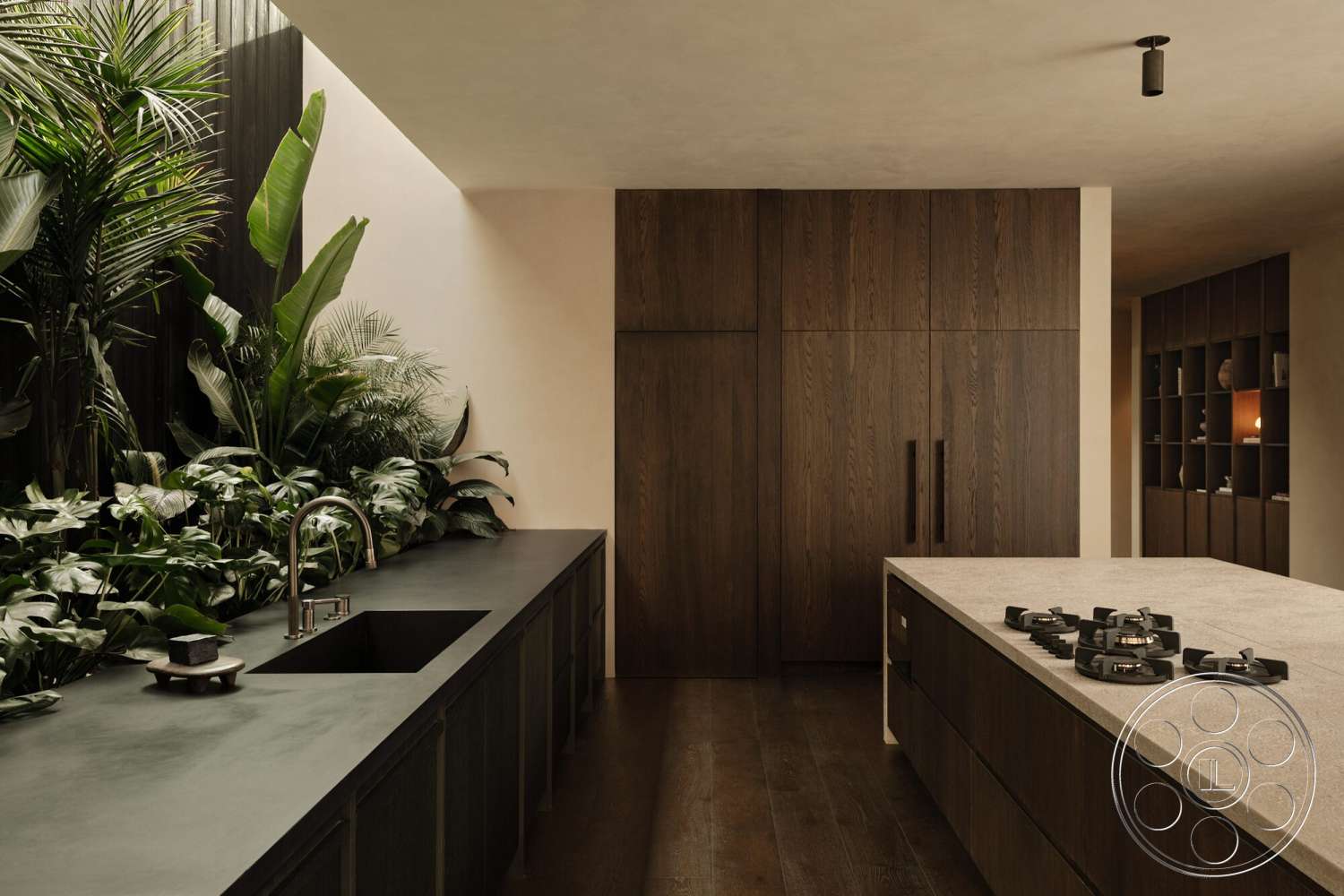 Modern 530 - dark wood cabinetry, natural light, minimalist design, floor-to-ceiling windows, textured plaster walls, modern kitchen island, undermount sink, open kitchen layout, hardwood kitchen floors, built-in shelving units, tropical plant decor, black concrete countertops
