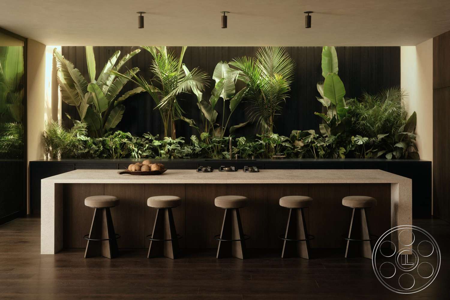 Modern 530 - dark wood cabinetry, hardwood flooring, potted greenery, modern bar stools, concrete kitchen island, recessed lighting fixtures, open kitchen layout, vertical wood accent wall
