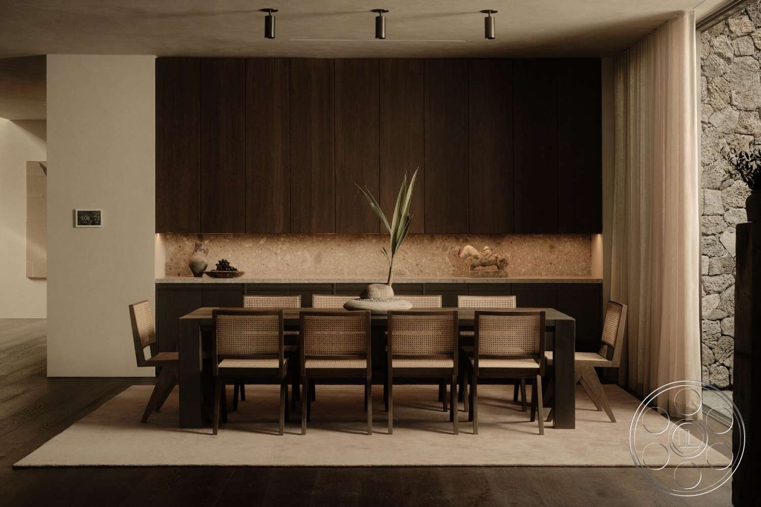 Modern 530 - textured area rug, dark wood paneling, rectangular dining table, recessed ceiling lighting, floor-to-ceiling glass windows, contemporary dining room, natural plant centerpiece, woven cane dining chairs, light stone backsplash
