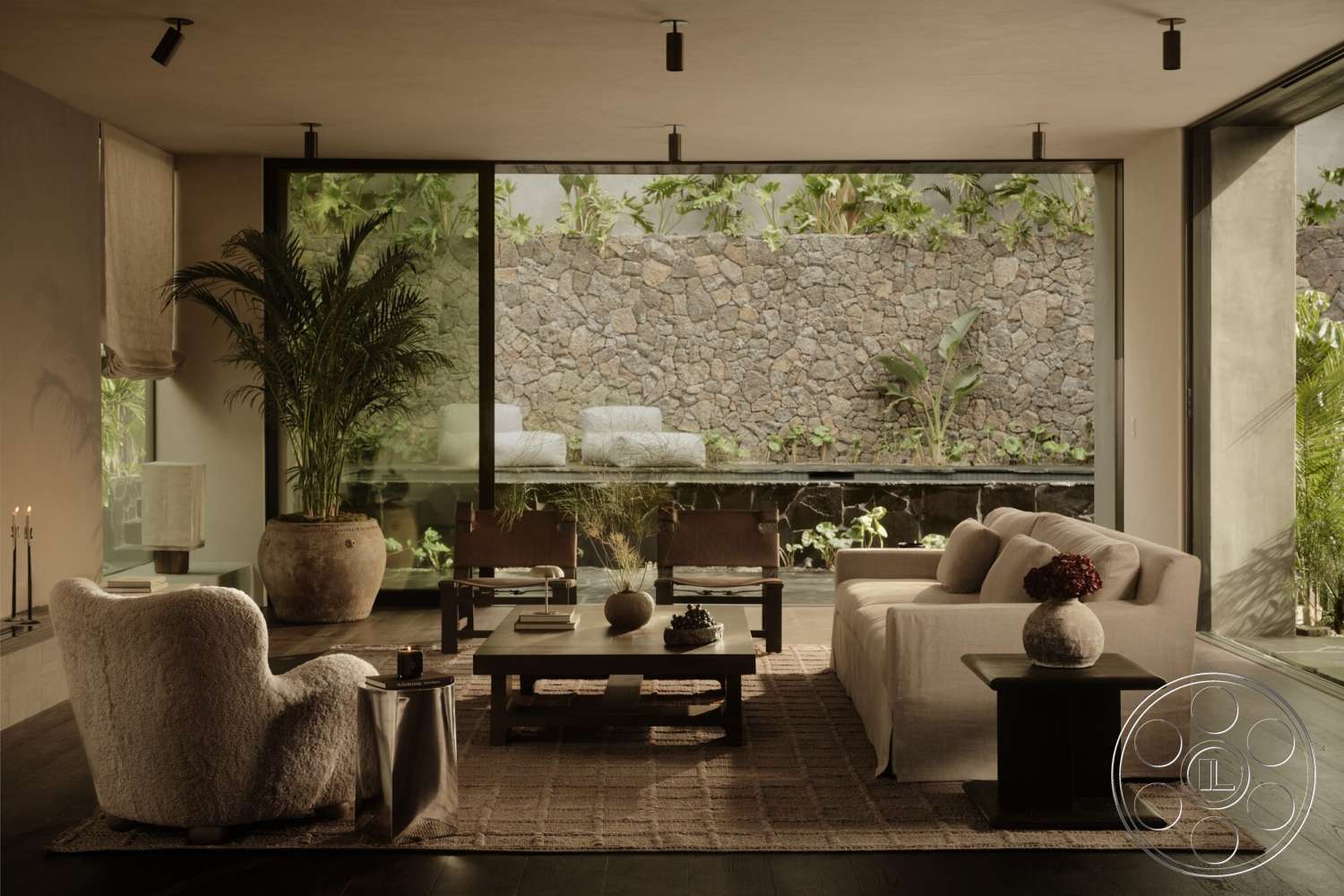 Modern 530 - minimalist decor, wood coffee table, modern light fixtures, woven area rug, textured plaster walls, floor-to-ceiling glass windows, natural stone feature wall, wood plank flooring, low-profile white sofa, overstuffed armchair, tropical potted plants, stone garden water feature