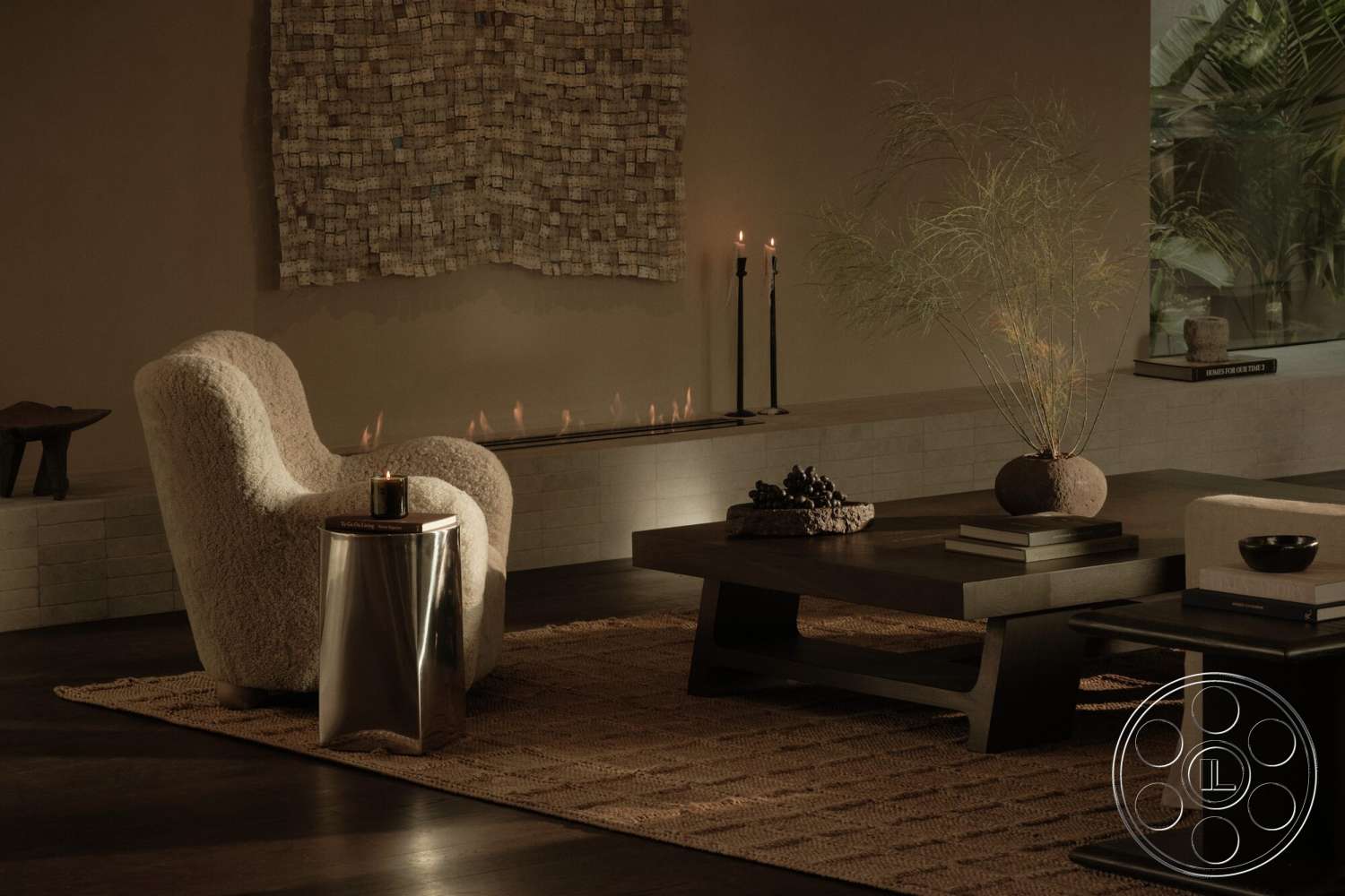 Modern 530 - minimalist decor, indoor plants, ambient lighting, floor-to-ceiling windows, textured plaster walls, dark wood paneling, modern lounge chair, concrete fireplace surround, woven wall art, wood floor interior, natural fibers area rug, glass fireplace insert, slate coffee table, metal accent side table