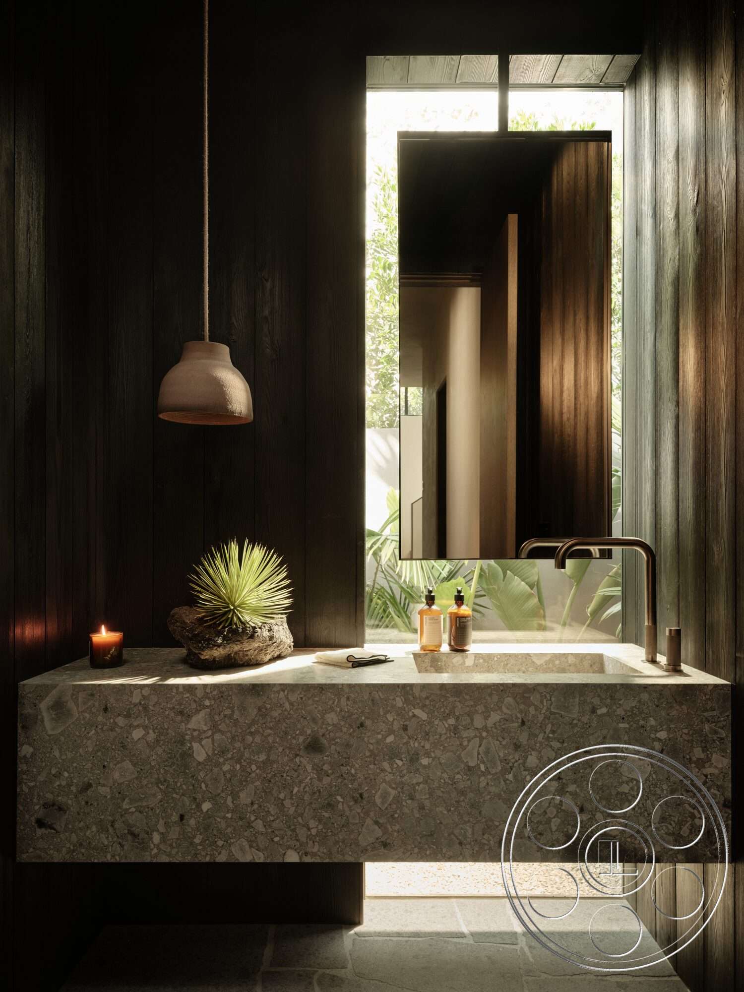 Modern 530 - stone flooring, floor-to-ceiling windows, modern minimalist design, contemporary bathroom decor, wood paneling walls, natural light accentuation, terrazzo bathroom sink, hanging clay pendant light, potted plant accessory