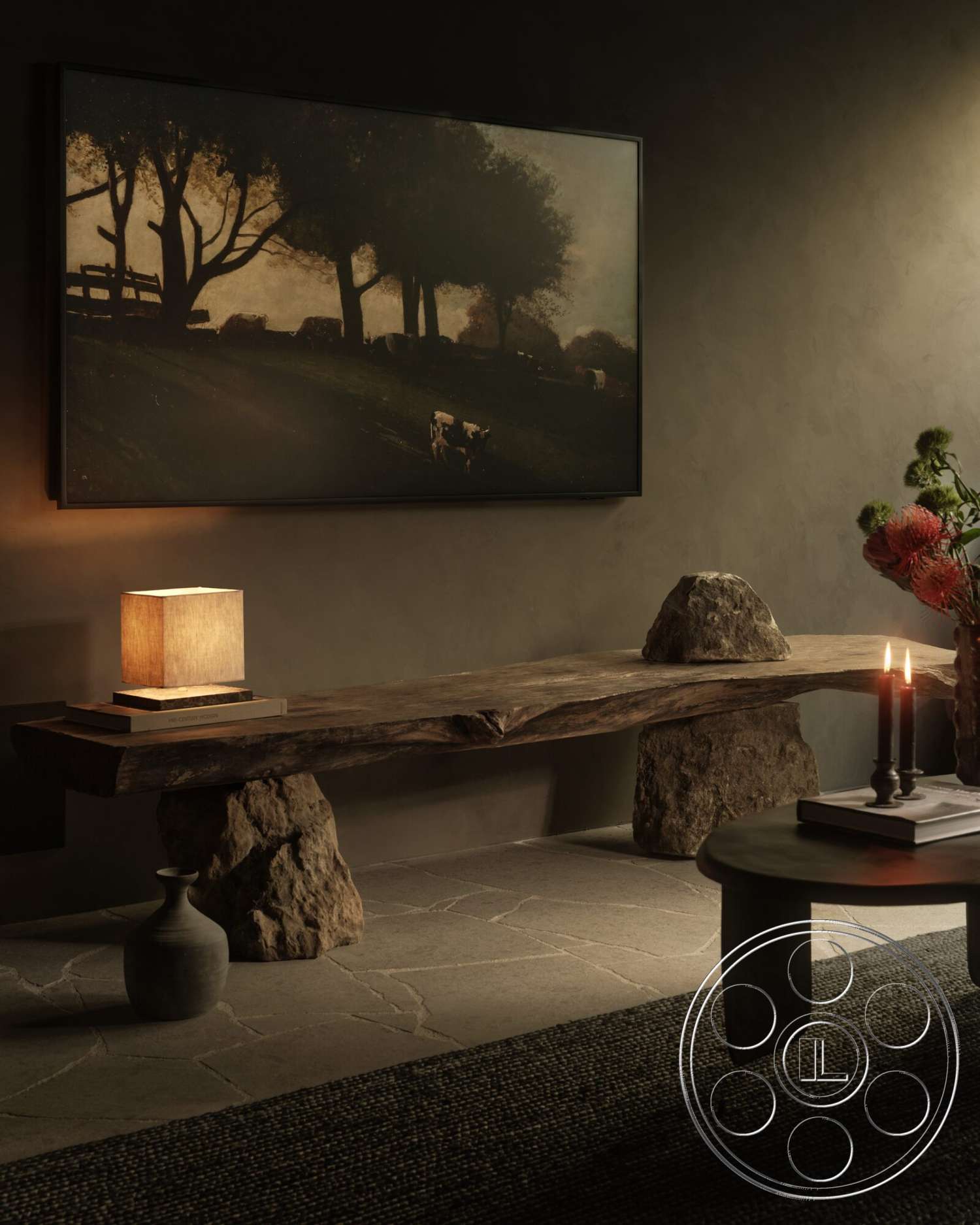 Modern 530 - decorative vase, natural stone flooring, woven area rug, organic materials, candle holder, round side table, textured plaster wall treatment, minimalist lighting fixture, reclaimed wood bench, rough stone pedestal bases, artwork with natural landscape