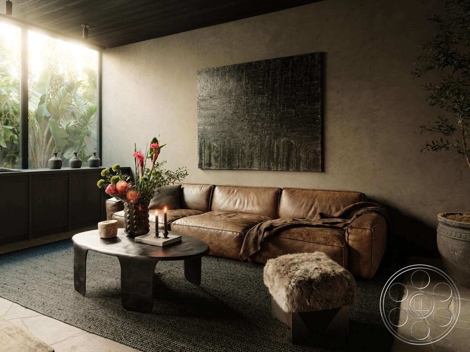 Modern 530 - indoor plants, round coffee table, large glass windows, stone flooring, textured plaster walls, leather sectional sofa, contemporary art piece, textile area rug, modern decorative accents, black wooden ceiling, steel table base, floral arrangement in vase, black ceramic vases