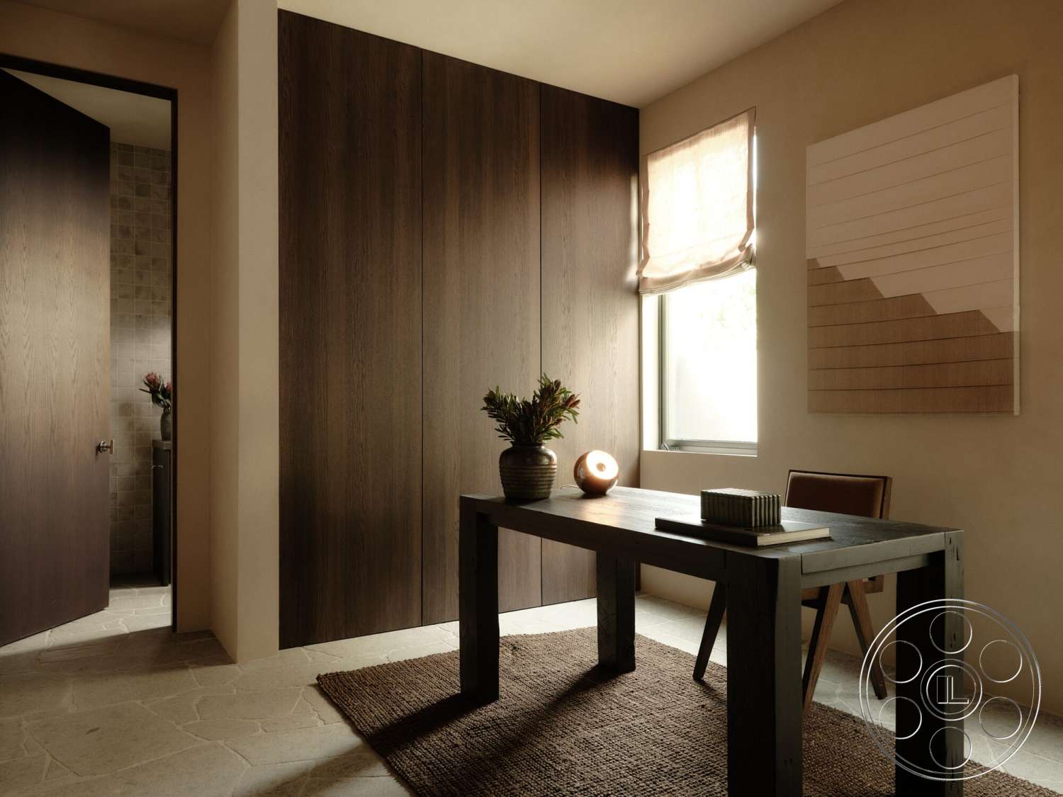 Modern 530 - geometric wall art, stone flooring, dark wood door, contemporary desk, natural fiber area rug, wood panel accent wall, minimalist table design, window with sheer curtain, decorative vase with foliage