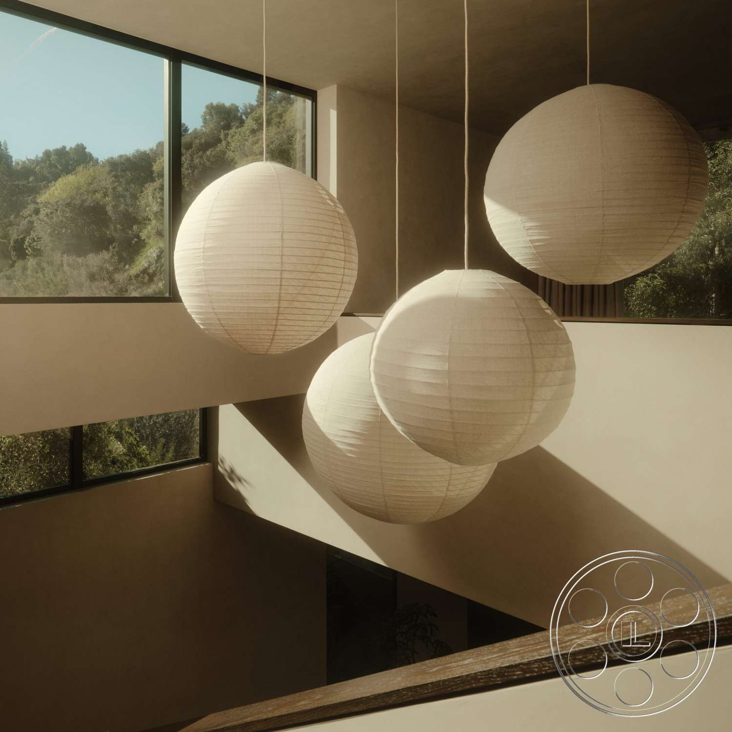 Modern 530 - staircase, open space layout, floor-to-ceiling windows, neutral wall paint, modern architectural design, exposed wood railing, landscape view through windows, natural light highlights, paper pendant lighting, large spherical light fixtures