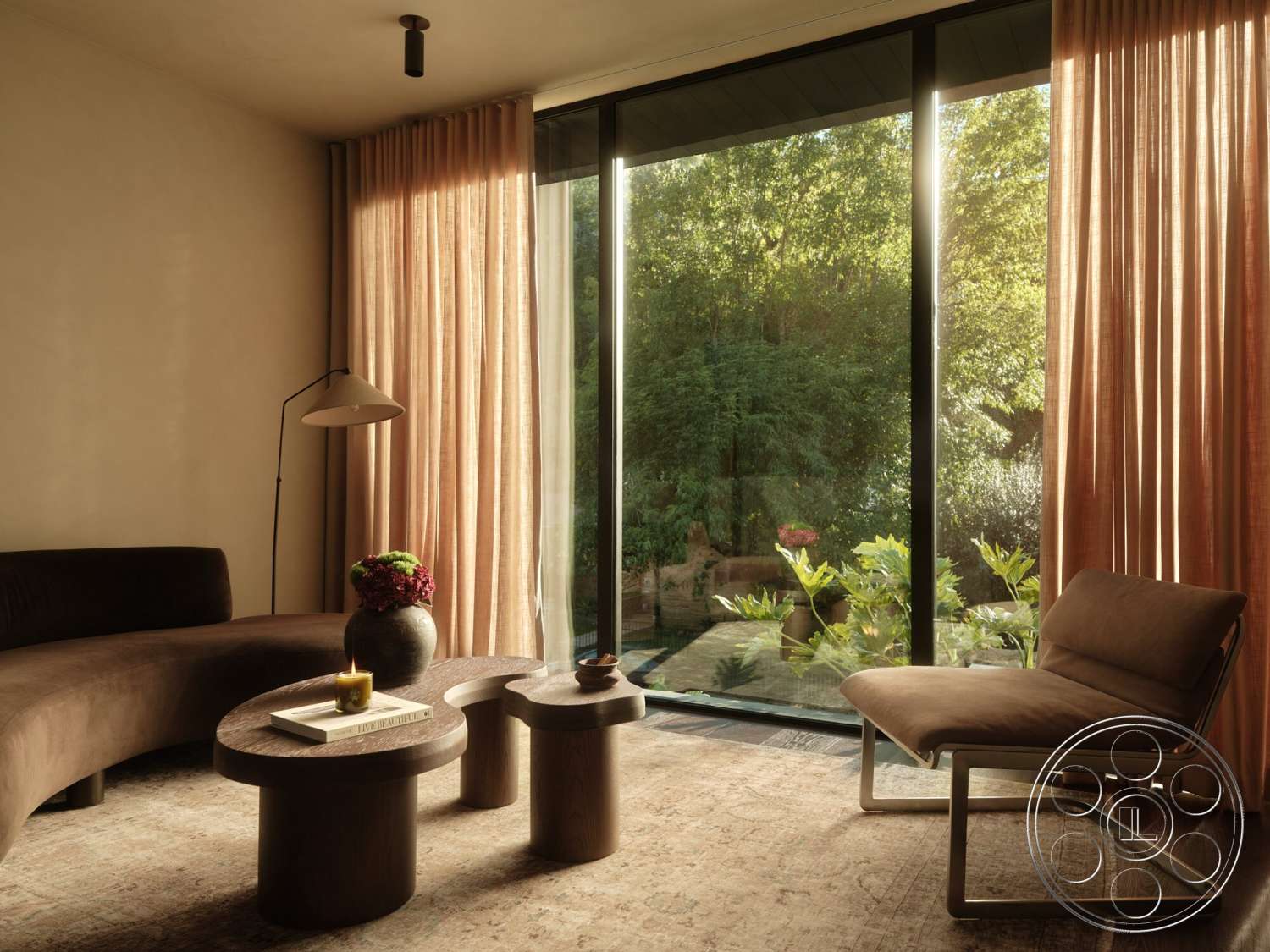 Modern 530 - wood coffee table, textured area rug, light wood flooring, stylish floor lamp, floor-to-ceiling windows, natural greenery view, curved sectional sofa, black metal window frames, neutral painted walls, contemporary accent chair, sheer fabric curtains