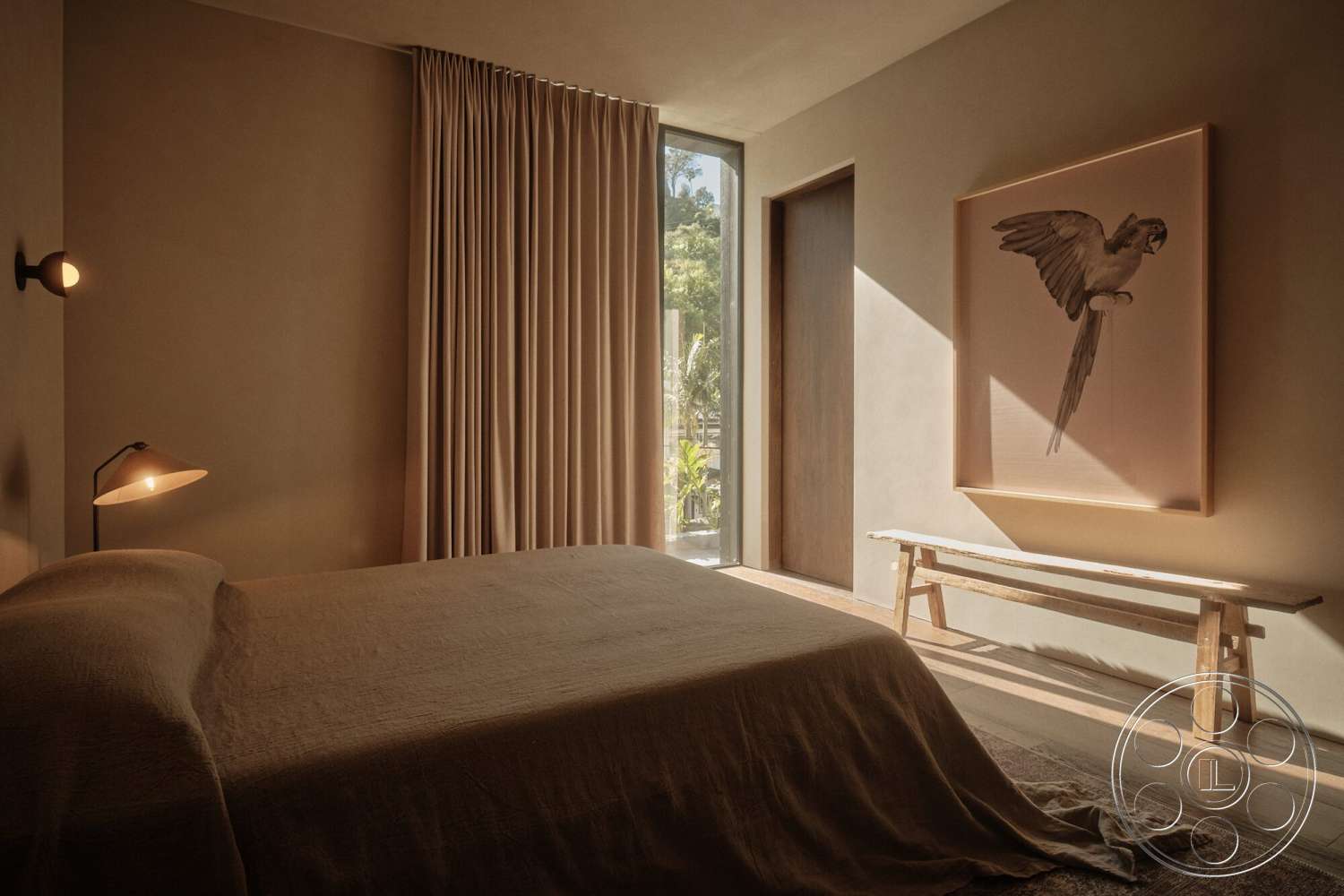 Modern 530 - neutral color palette, clean lines, wooden bench, floor-to-ceiling windows, framed wall art, textured plaster walls, hardwood bedroom floors, minimalist lighting fixture, linen curtain drapes