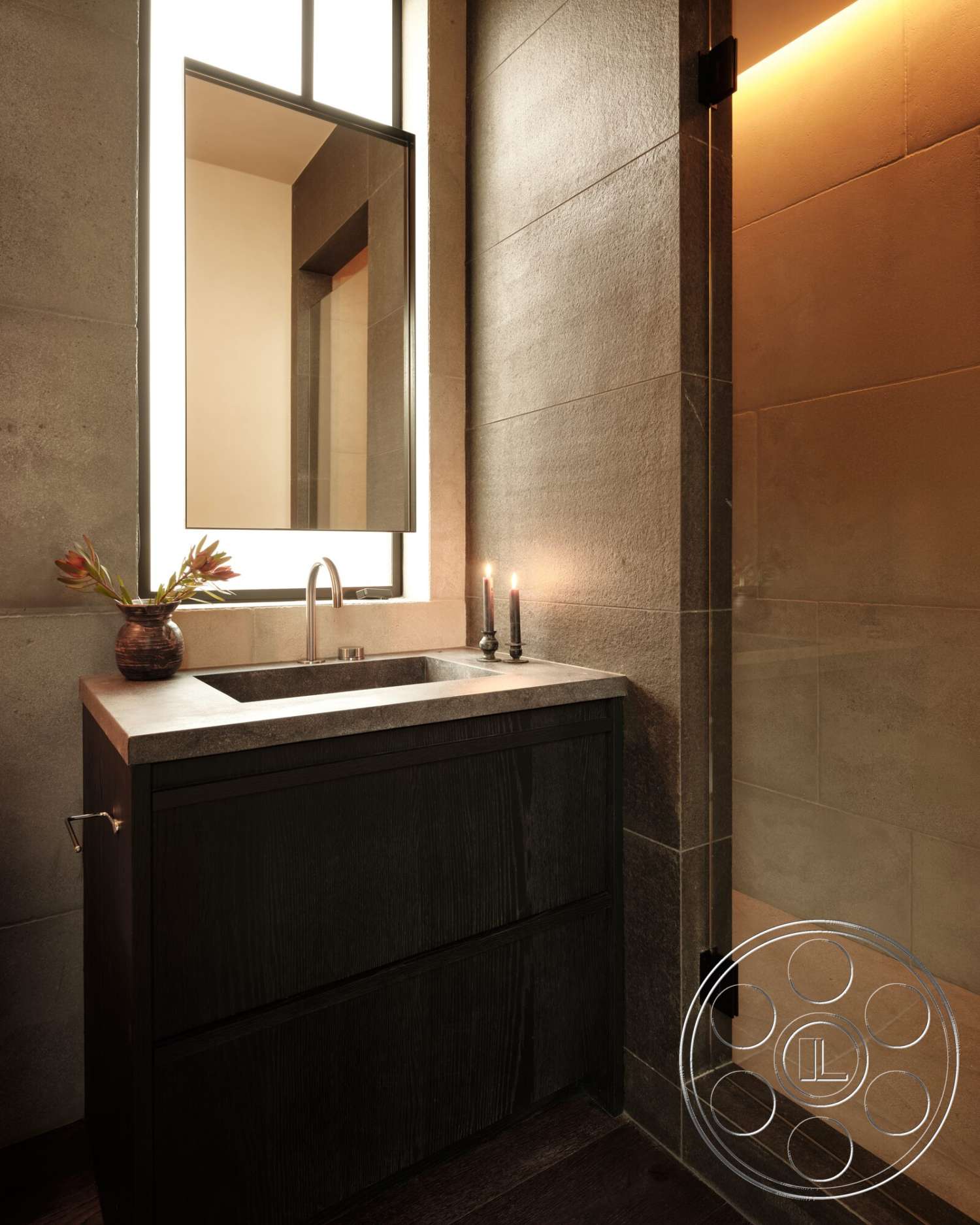 Modern 530 - neutral color palette, contemporary style, minimalist design, glass shower enclosure, modern fixtures, task lighting, dark wood flooring, textured wall surface, floor-to-ceiling window, concrete wall panels, concrete countertop sink, dark wood bathroom vanity