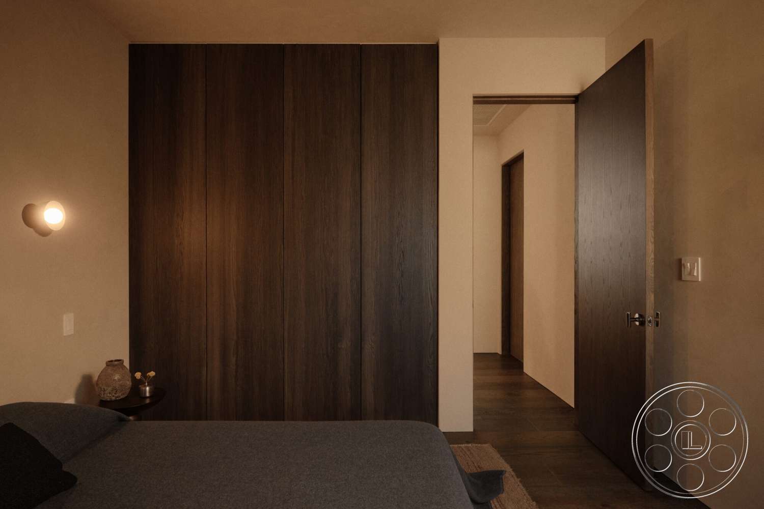 Modern 530 - minimalist decor, natural light, modern design, gray bedding, open doorway, dark wood door, simple bedside table, textured plaster wall, neutral carpet flooring, walnut wood paneling, recessed lighting fixture