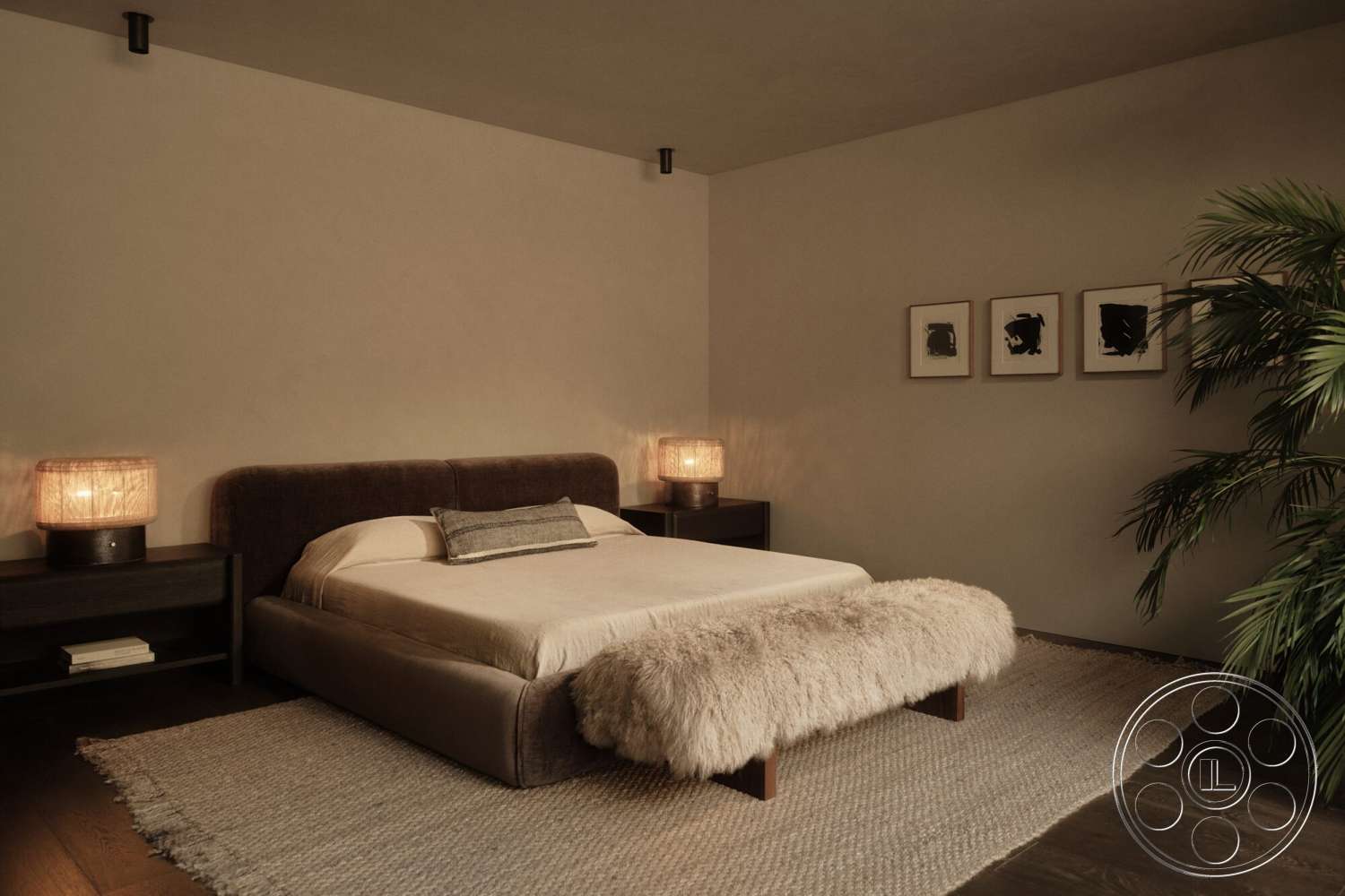 Modern 530 - soft ambient lighting, woven area rug, textured plaster walls, hardwood bedroom floors, minimalist wall art, modern bed frame, sherpa bed throw, nightstands with lamps, tropical indoor plant