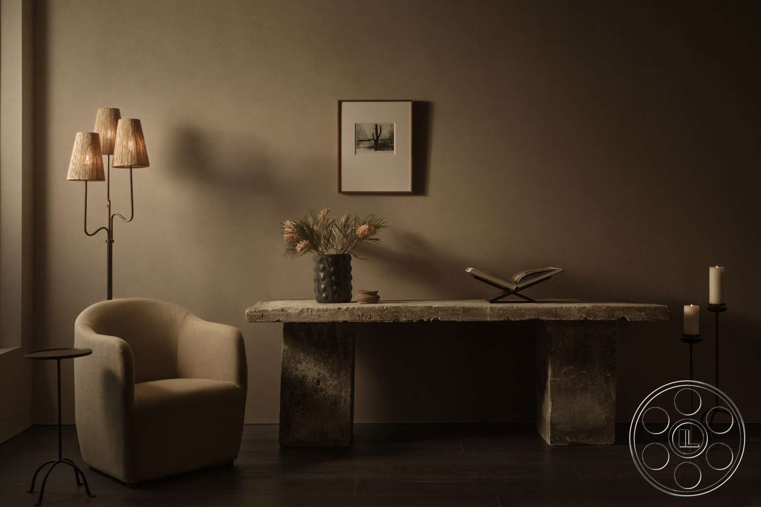 Modern 530 - framed wall art, decorative ceramic vase, concrete table, textured concrete surface, ambient floor lamp, painted plaster walls, soft fabric armchair, wooden floor planks, metal lamp stand, simple wooden book stand, pillar candle holders