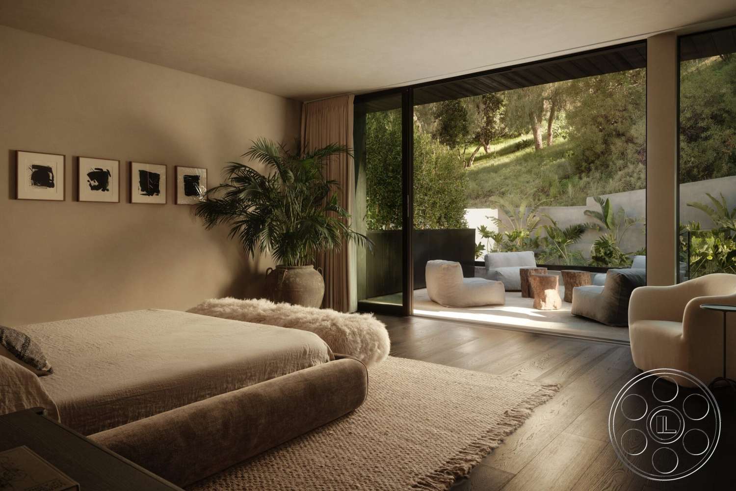 Modern 530 - wooden coffee table, floor-to-ceiling windows, plush area rug, hardwood bedroom floors, minimalist wall art, indoor potted plants, modern upholstered bed, contemporary lounge chairs, green hillside view, neutral plaster walls, curtain treatments