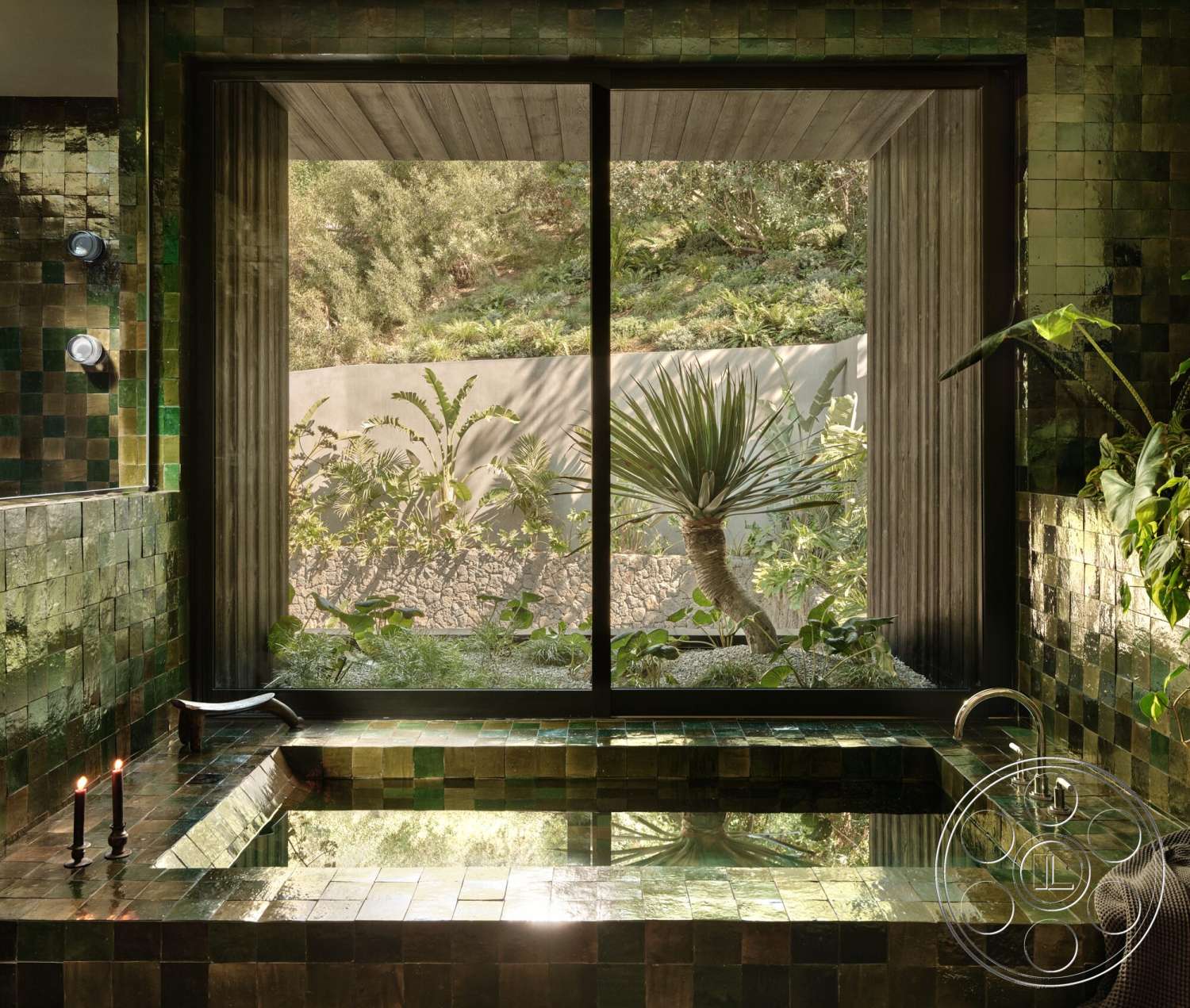 Modern 530 - natural light, indoor plants, spa-like atmosphere, floor-to-ceiling windows, wood ceiling panels, minimalist fixtures, modern bathroom design, landscaped outdoor view, green tiled bathtub, glazed ceramic wall tiles, luxury bathing experience, integrated bathtub seating