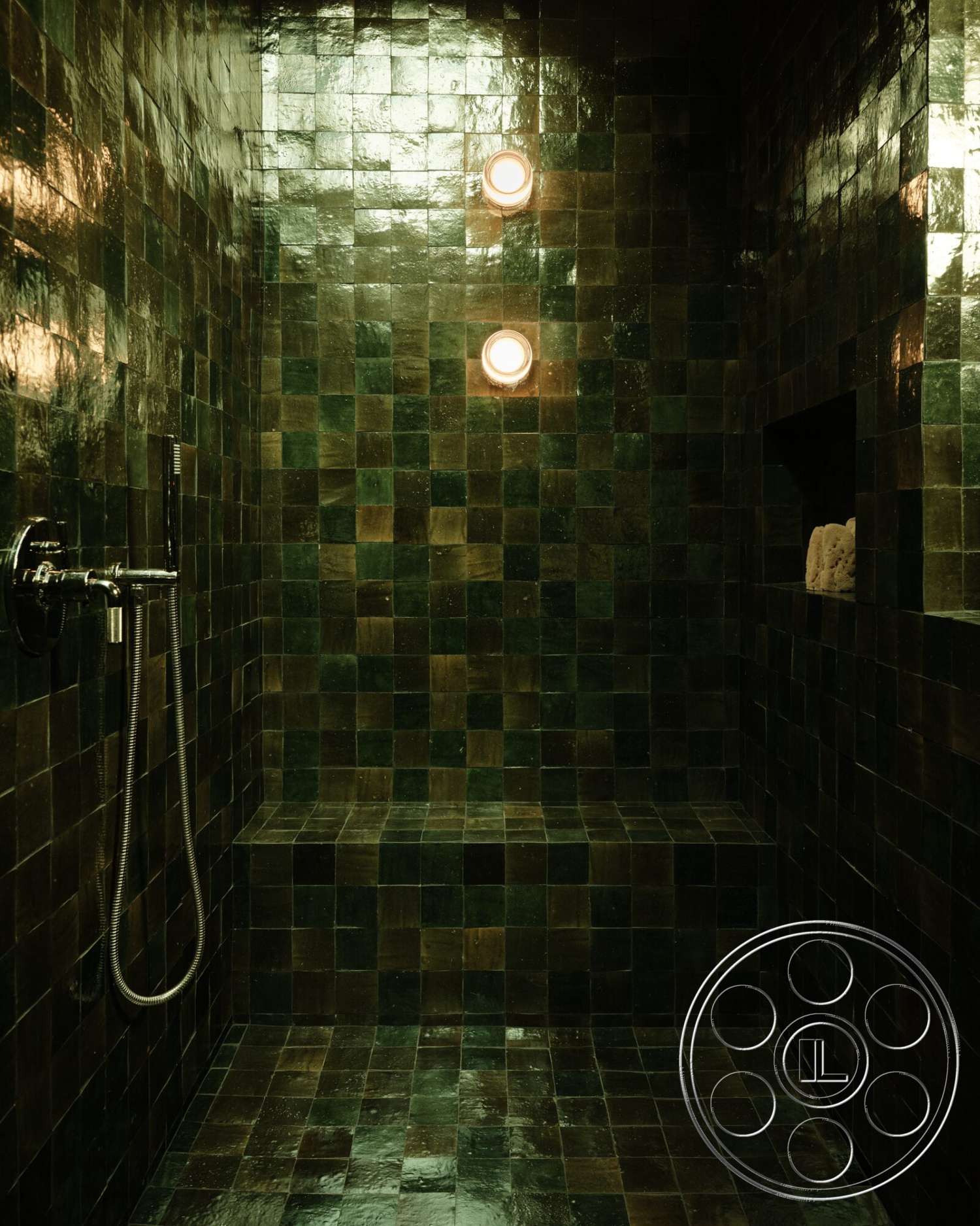 Modern 530 - textured tile finish, recessed lighting fixtures, glossy green tile shower walls, modern showerhead, built-in shower bench, green tile shower flooring, chrome shower faucet