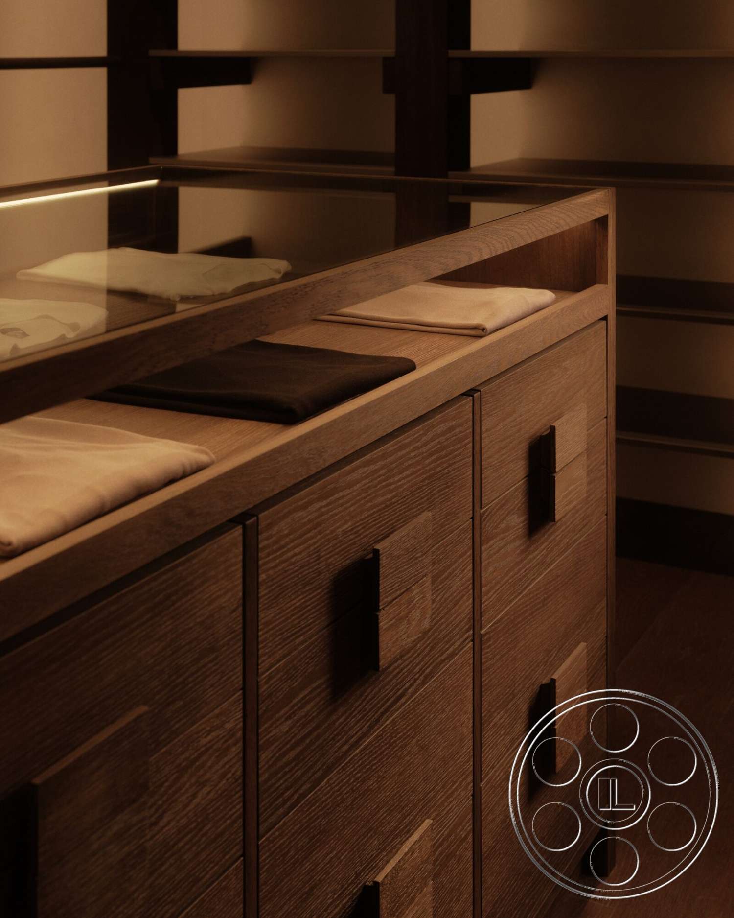 Modern 530 - wooden storage cabinet, modern minimalist design, soft lighting accents, glass top surface, dark wood cabinet finish, rectangular cabinet shape, interior storage solution, shallow drawer design