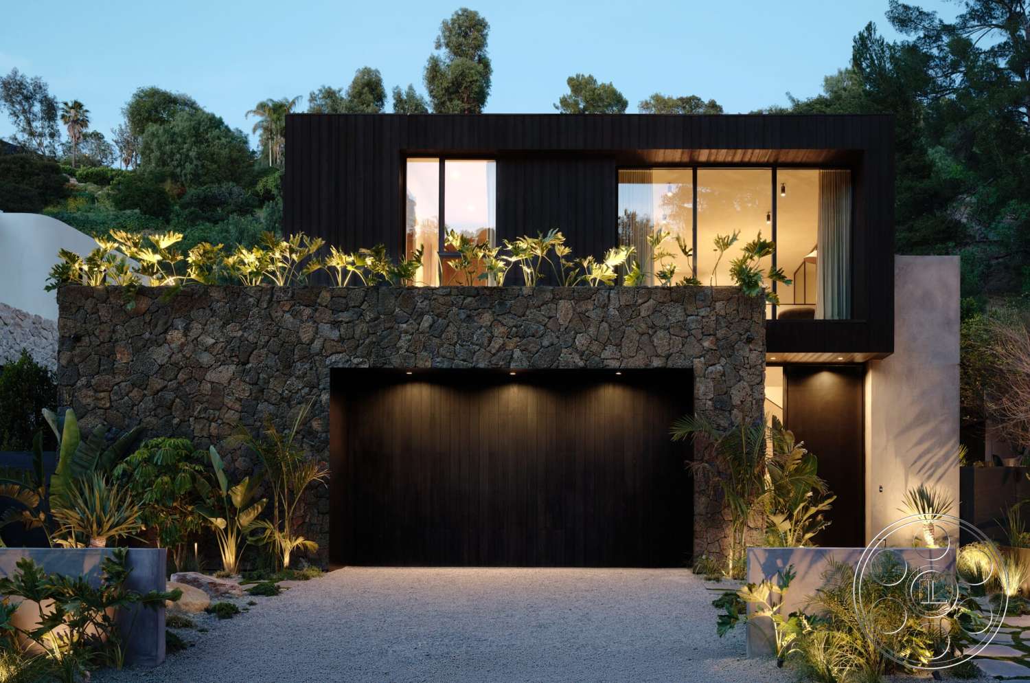 Modern 530 - exterior, landscaped garden, tropical plants, floor-to-ceiling windows, surrounded by greenery, modern garage door, dark wood paneling, gravel driveway, outdoor lighting fixtures, stone feature wall, flat roof design, contemporary home design, minimalist architectural style, rectangular house shape, slate stone wall