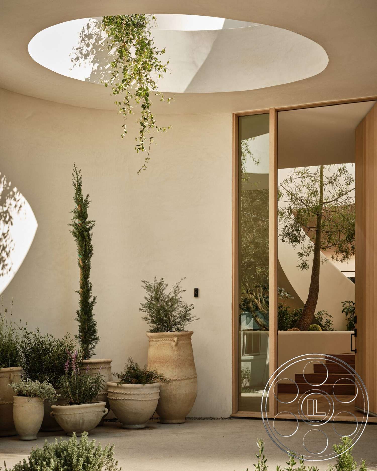Modern 531 - exterior, modern architecture, minimalist design, concrete flooring, potted greenery, plaster wall finish, large glass door, wooden door frame, natural light entryway, curved architectural form, wooden step staircase, skylight opening, terracotta planter pots
