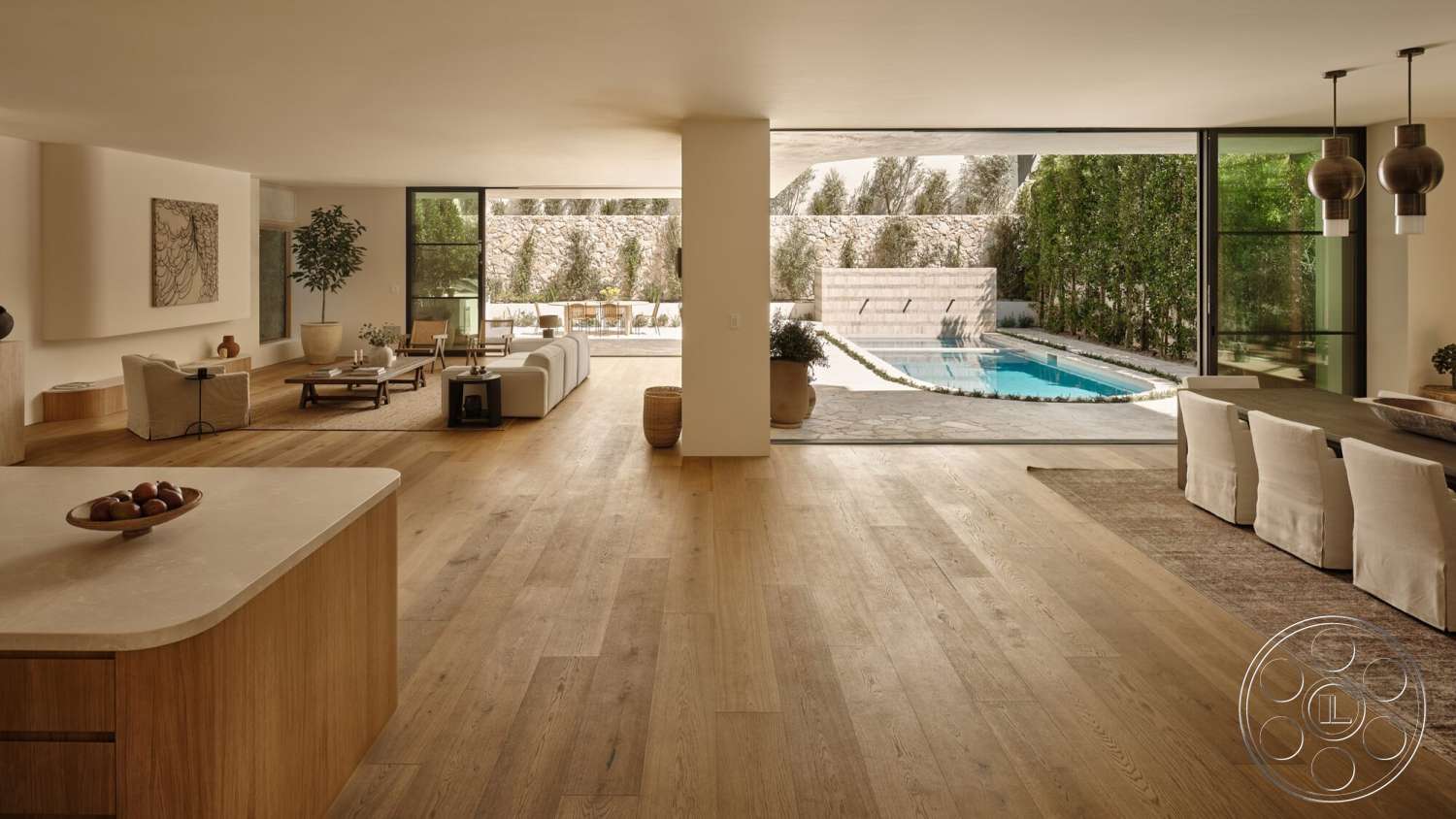 Modern 531 - minimalist decor, neutral color palette, hardwood flooring, indoor plants, open floor plan, surrounding greenery, rectangular swimming pool, seamless indoor-outdoor transition, floor-to-ceiling windows, concrete countertops, light wood cabinets, exposed stone wall, contemporary lighting fixtures, modern dining area, built-in seating area, hygge-inspired seating arrangements