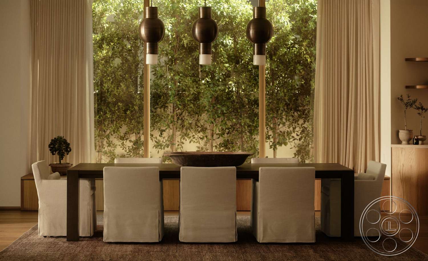 Modern 531 - neutral color palette, natural light, minimalist design, light hardwood flooring, wooden cabinetry, upholstered dining chairs, wood dining table, contemporary pendant lighting, floor-to-ceiling windows, indoor greenery, textured curtains, plant decoration