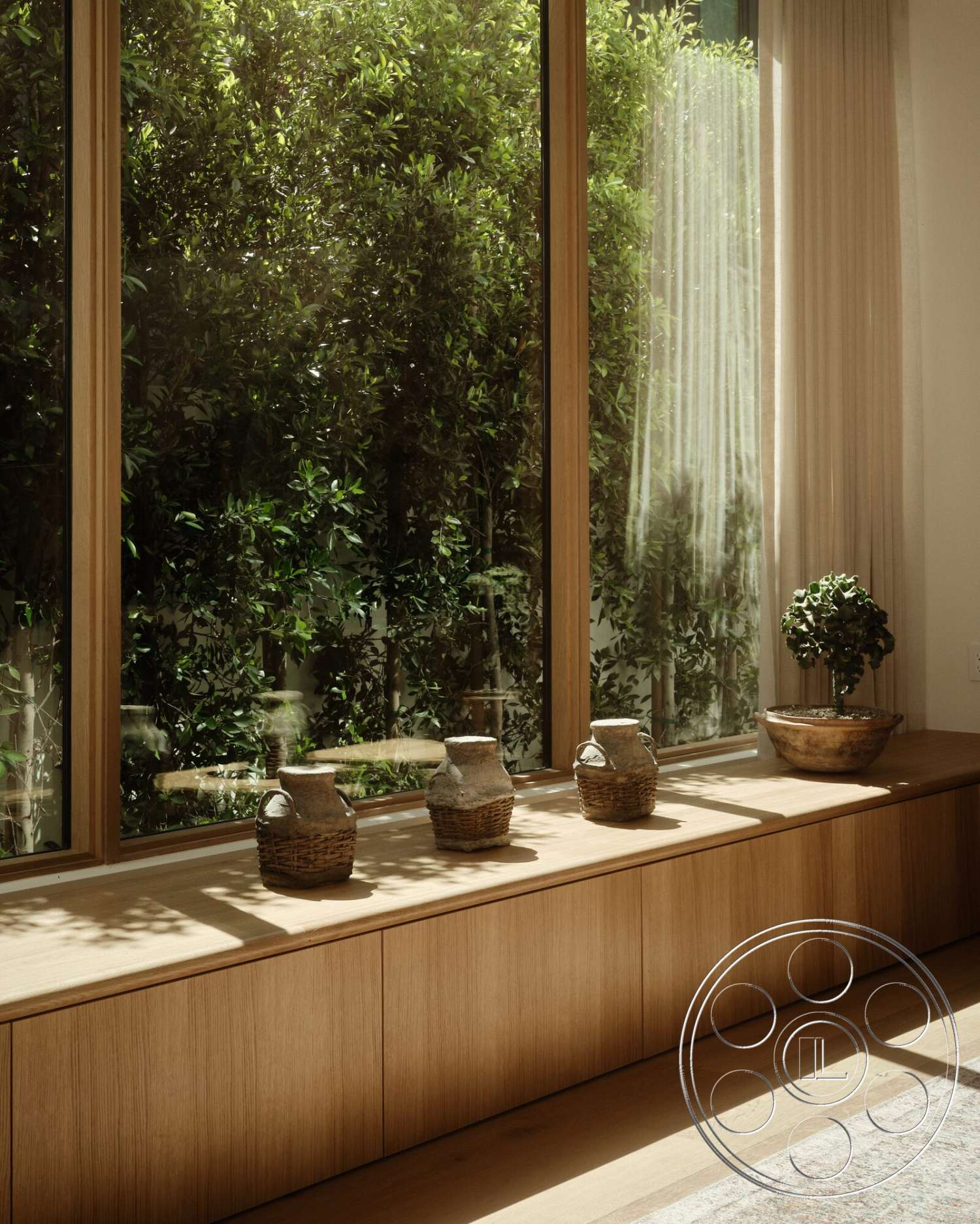 Modern 531 - hardwood flooring, green plant decor, wooden window frames, urban garden view, natural light sources, glass window walls, built-in wooden cabinetry, decorative ceramic vases, textured woven planters, soft sheer curtains