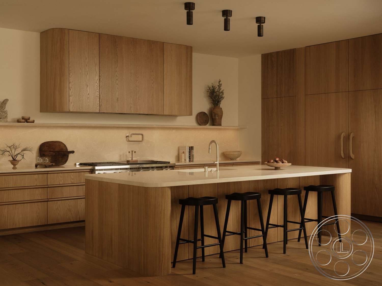 Modern 531 - minimalist aesthetic, stainless steel appliances, open shelving, light wood cabinetry, herringbone wood flooring, contemporary kitchen design, quartz kitchen countertops, wood panel upper cabinets, matte black pendant lighting