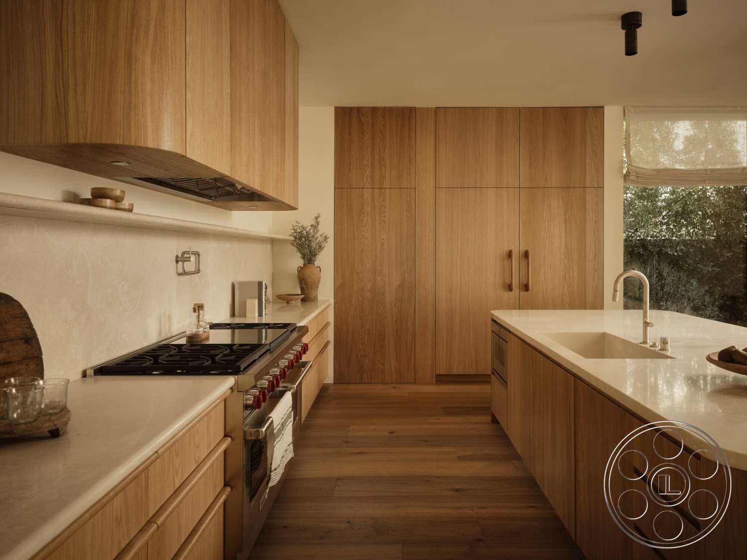 Modern 531 - wood cabinetry, open shelving, minimalistic decor, white marble countertops, modern kitchen design, interior kitchen, stainless steel gas range, hardwood kitchen floors, integrated refrigerator, glass wall with natural light
