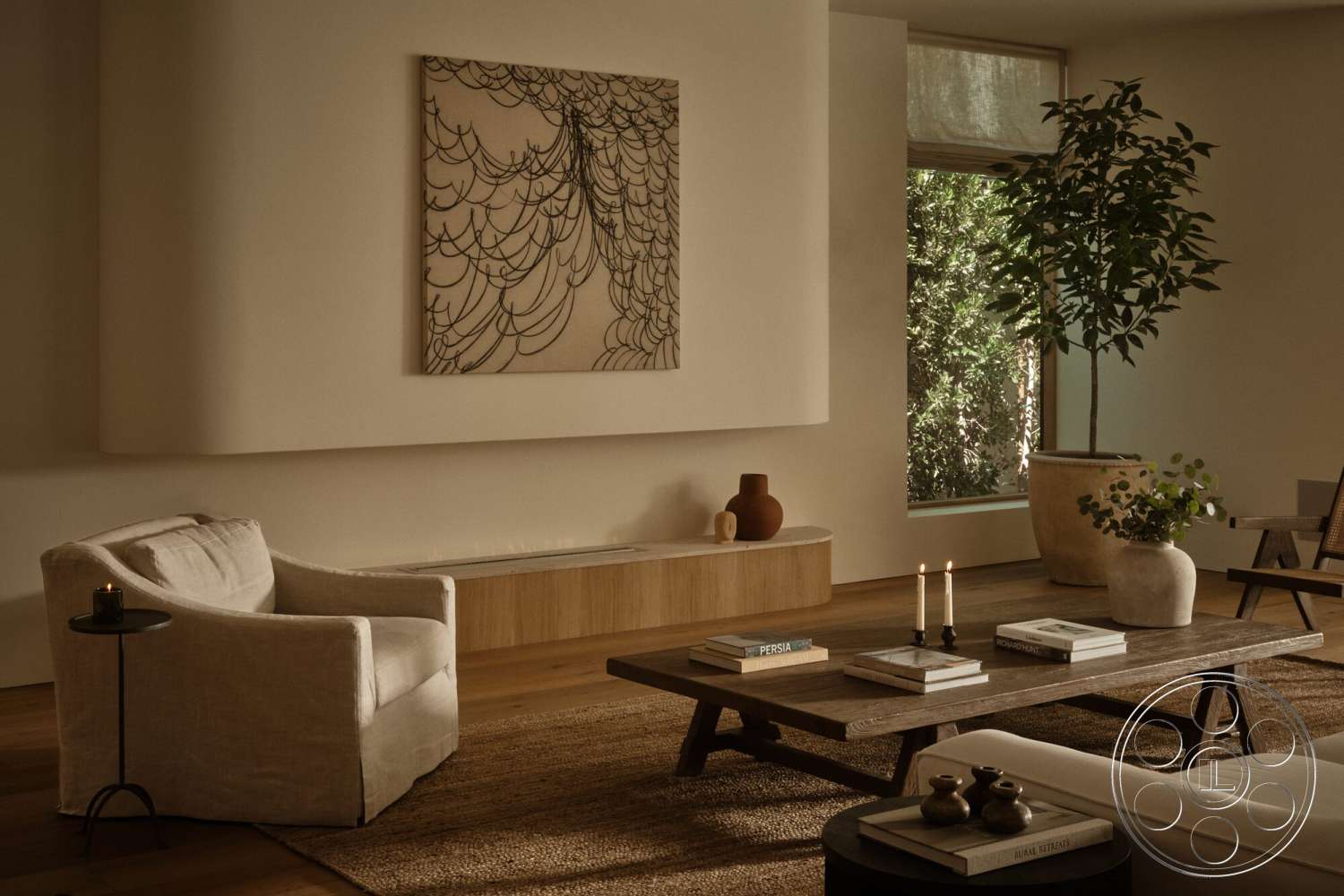 Modern 531 - table lamp, wooden flooring, abstract wall art, woven area rug, textured plaster walls, minimalist coffee table, candle holder, comfortable armchair, decorative ceramic vase, built-in wooden media console, large window with natural greenery view, ceramic floor planter