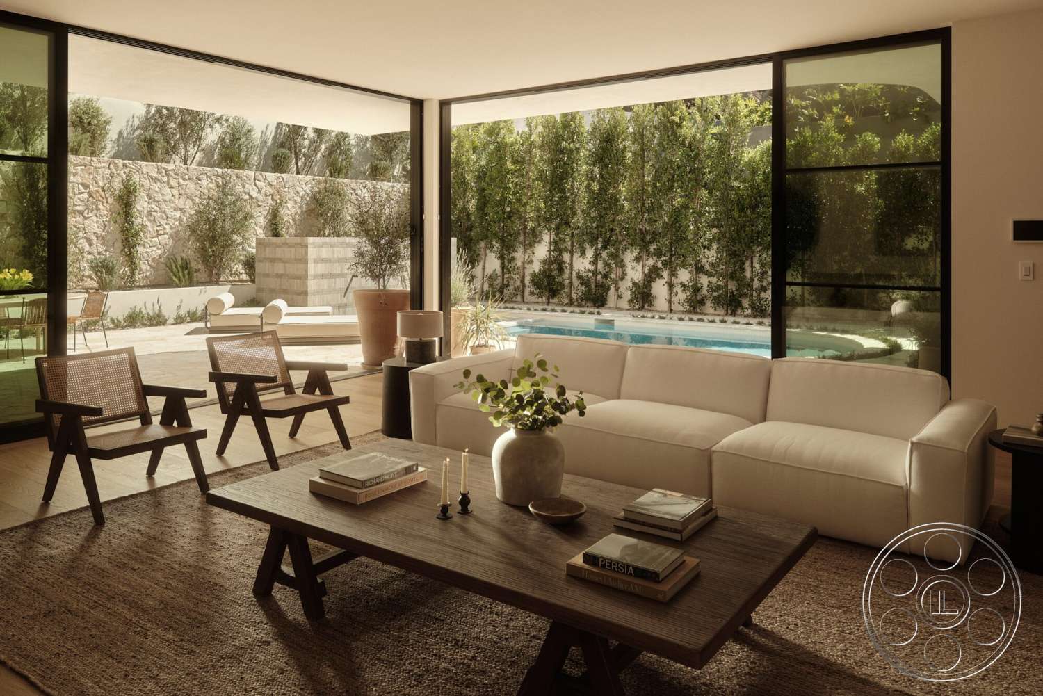 Modern 531 - minimalist decor, clean lines, wood coffee table, glass sliding doors, rectangular swimming pool, bright natural lighting, woven area rug, light wood floor, lush greenery view, exposed stone wall, concrete patio flooring, suburban backyard setting, modern sectional sofa, rattan accent chairs