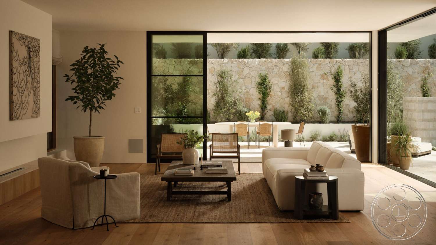 Modern 531 - neutral color palette, wood flooring, textured area rug, contemporary furniture, open floor plan, potted plants, dining area, glass sliding doors, decorative wall art, minimalist decoration, exposed stone wall, natural light focus, indoor-outdoor living space, light-colored upholstery, metal bistro chairs, built-in wall planter
