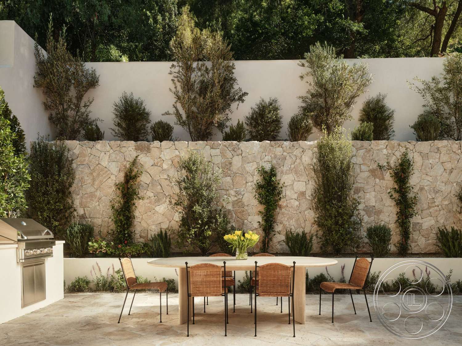 Modern 531 - exterior, wood dining table, smooth concrete wall, drought-resistant plants, landscaped garden area, concrete patio flooring, natural stone garden wall, stainless steel outdoor grill, woven seat dining chairs, soft sunlight illumination