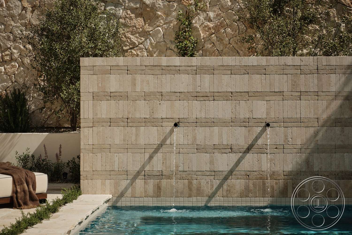 Modern 531 - exterior, landscaped garden, textured stone wall, minimalist design elements, rectangular swimming pool, outdoor lounging area, concrete pool deck, stone feature wall, travertine pool wall