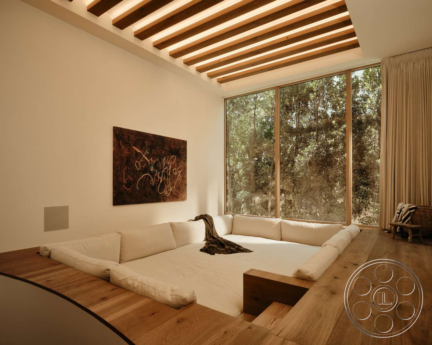 Modern 531 - minimalist design, natural wood flooring, artwork on wall, large floor-to-ceiling windows, neutral painted walls, wood beam ceiling, built-in lounge seating