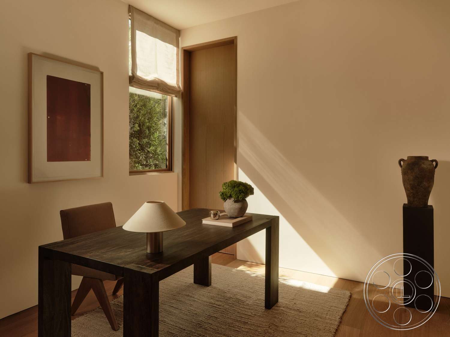 Modern 531 - minimalist decor, textured area rug, upholstered chair, floor-to-ceiling windows, natural wood dining table, soft natural lighting, contemporary workspace, wood panel door, wooden desk legs, freestanding vase on pedestal, beige wall treatment