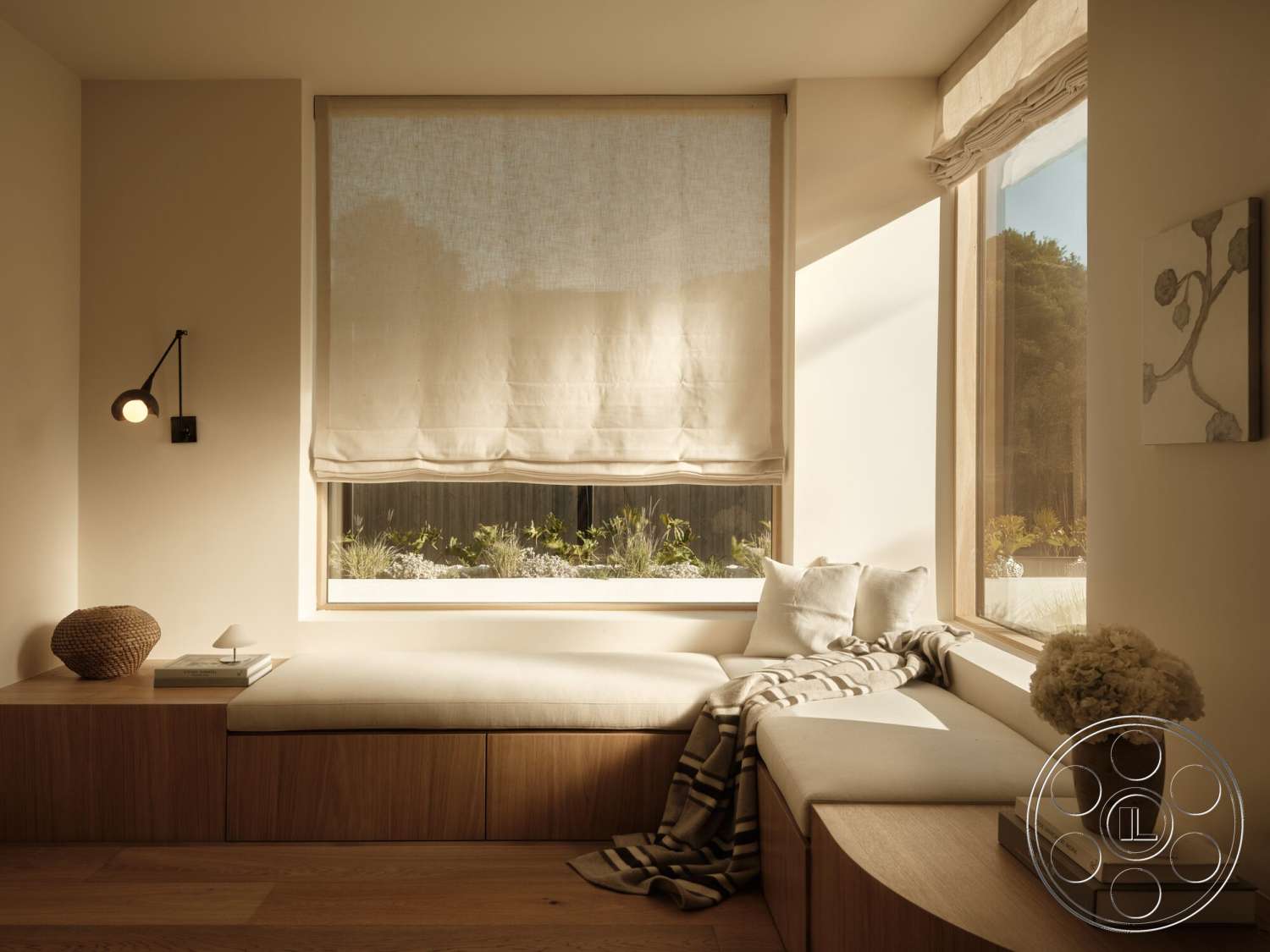 Modern 531 - minimalist decor, natural light, hardwood flooring, greenery view, contemporary lighting fixture, textured fabric throw blanket, soft cushion seating, light wood window seat, beige linen window shade, framed floral wall art, built-in wooden storage cabinetry, potted flower arrangement