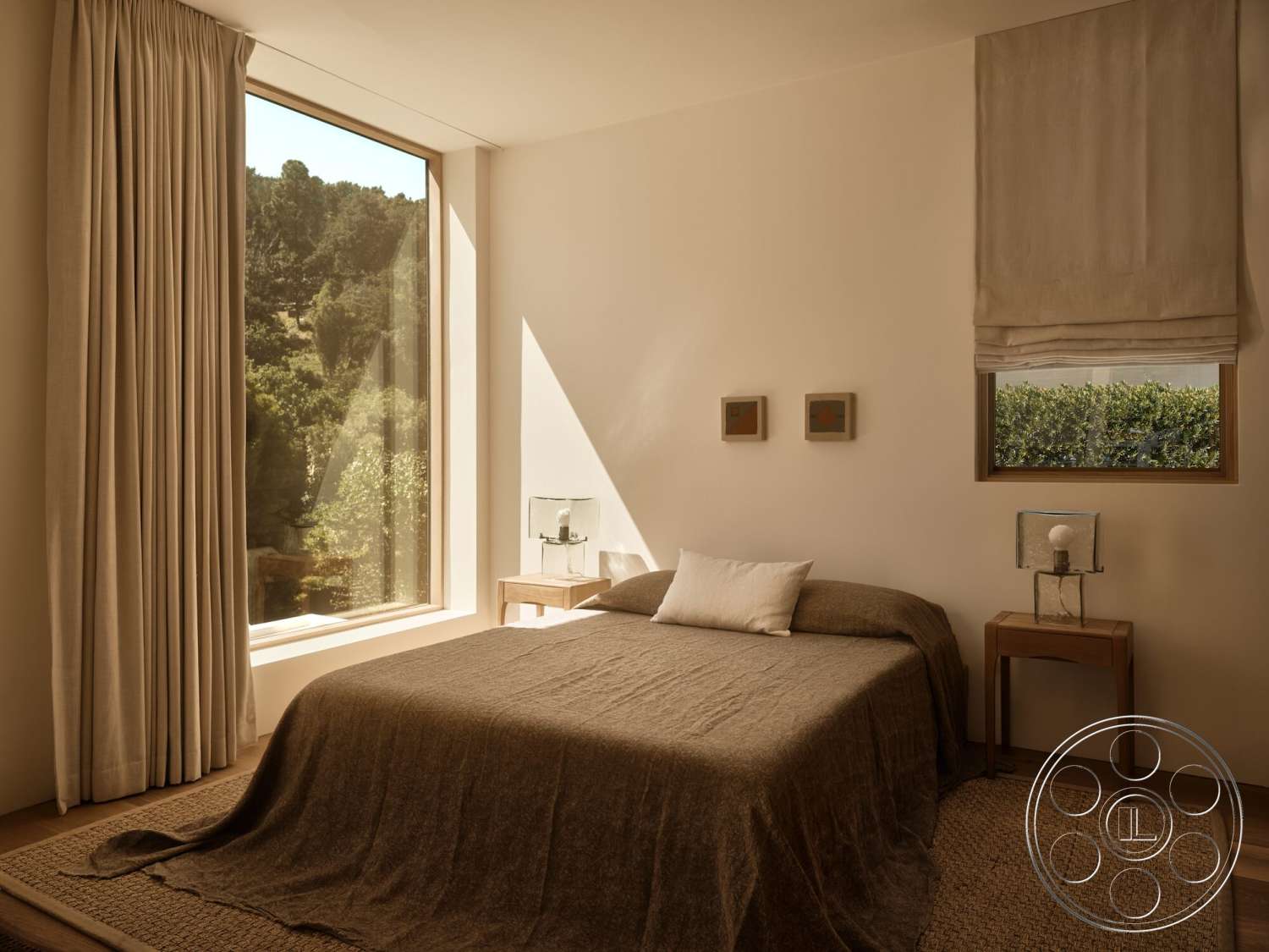 Modern 531 - textured area rug, soft lighting, wooden bedside table, floor-to-ceiling windows, modern table lamp, hardwood bedroom floors, light-colored painted walls, minimalist artwork, neutral fabric curtains, earth-toned bedspread, rectangular window treatment