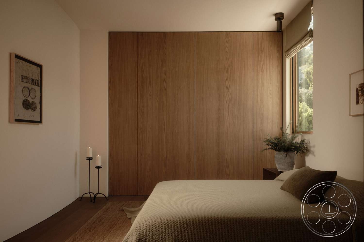 Modern 531 - minimalist design, plant decor, large floor-to-ceiling windows, hardwood bedroom floors, white painted walls, textured fabric bedding, wood paneling feature wall, wall-mounted art frame
