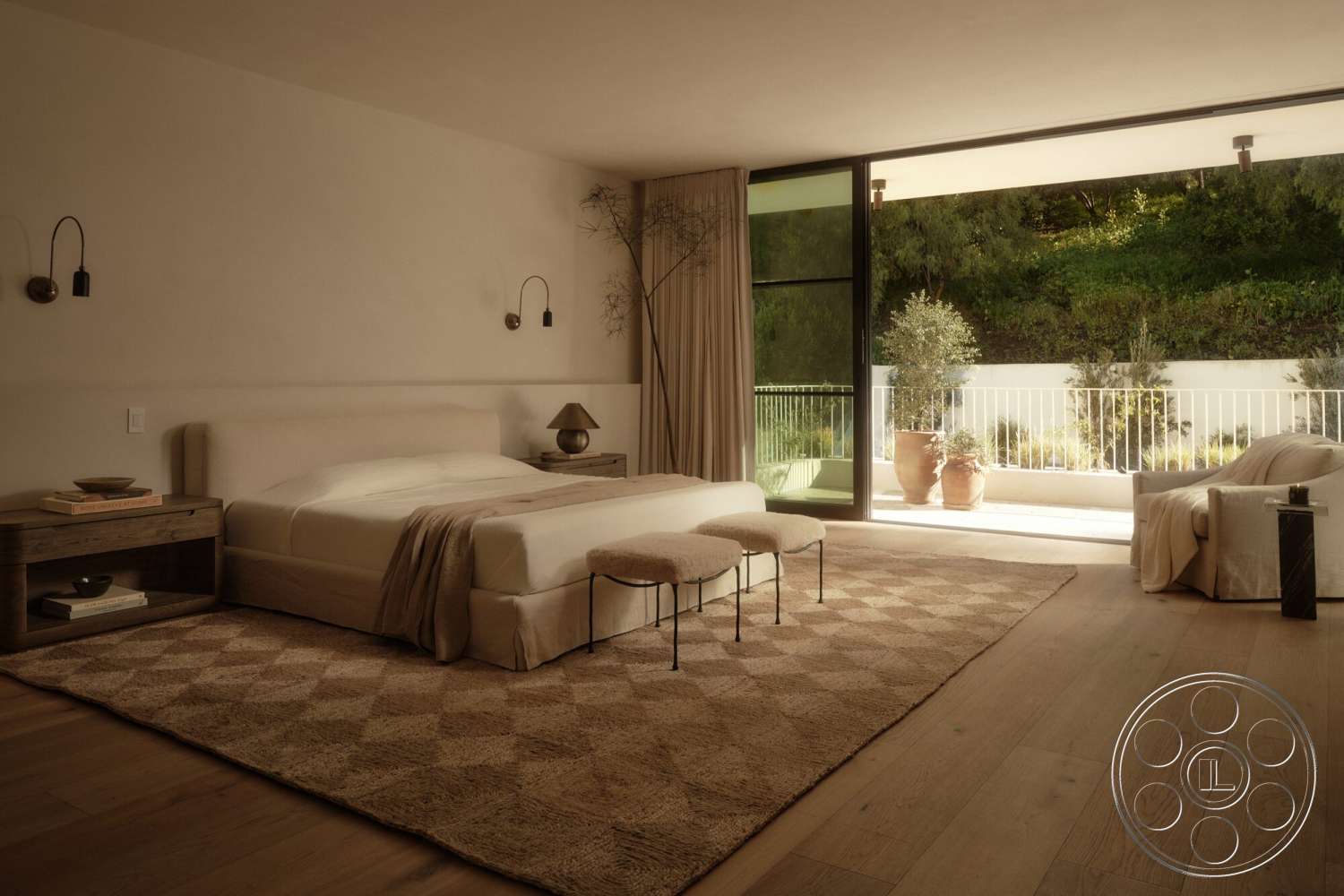Modern 531 - wooden flooring, textured area rug, king-sized bed, white plaster walls, modern bedside lamps, floor-to-ceiling sliding glass doors, large windows with natural light, interior master bedroom, outdoor terrace view, greenery visible from window, minimalist nightstands